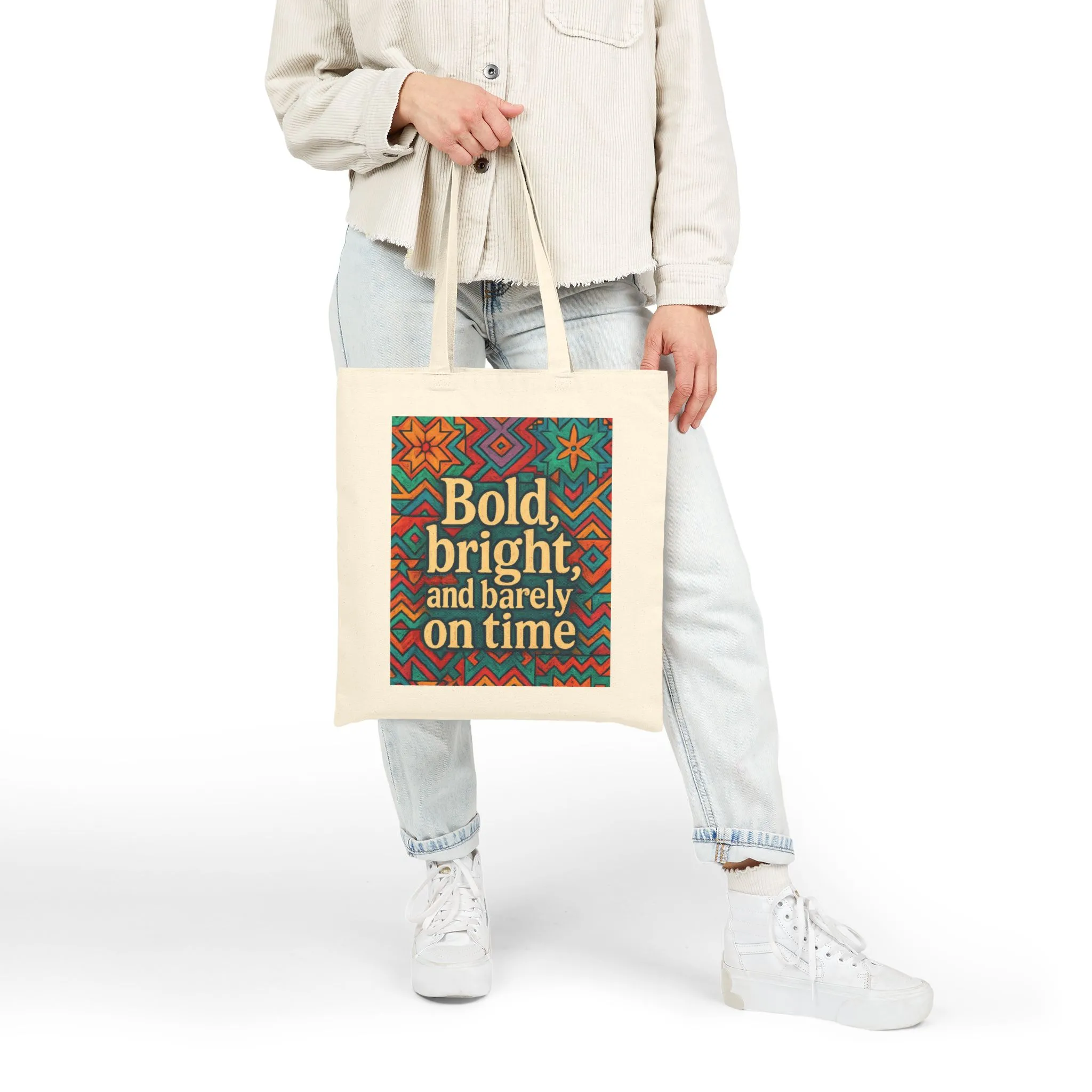 Bold Bright and Barely On Time Tote Bag, Colorful Retro Quote Canvas Bag, Funny Colorful Grocery Bag, Vibrant Motivational Text Print - Image 9
