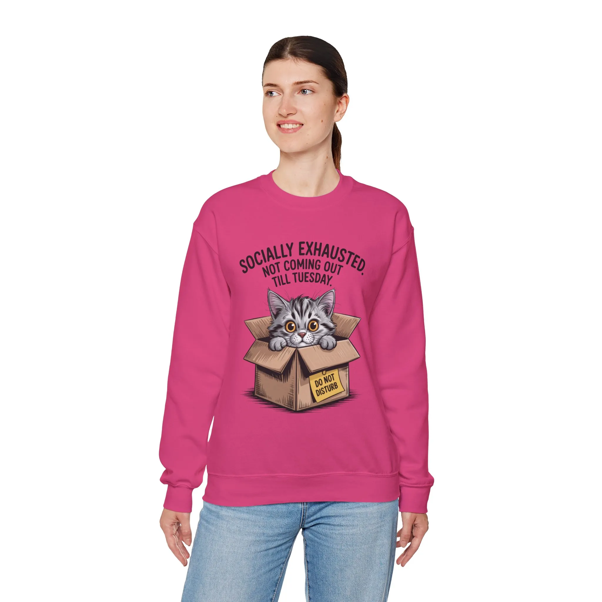 Socially Exhausted Cat Sweatshirt, Funny Cat Crewneck, Gift for Cat Lovers, Cozy Unisex Pullover, Weekend Comfort Apparel - Image 24
