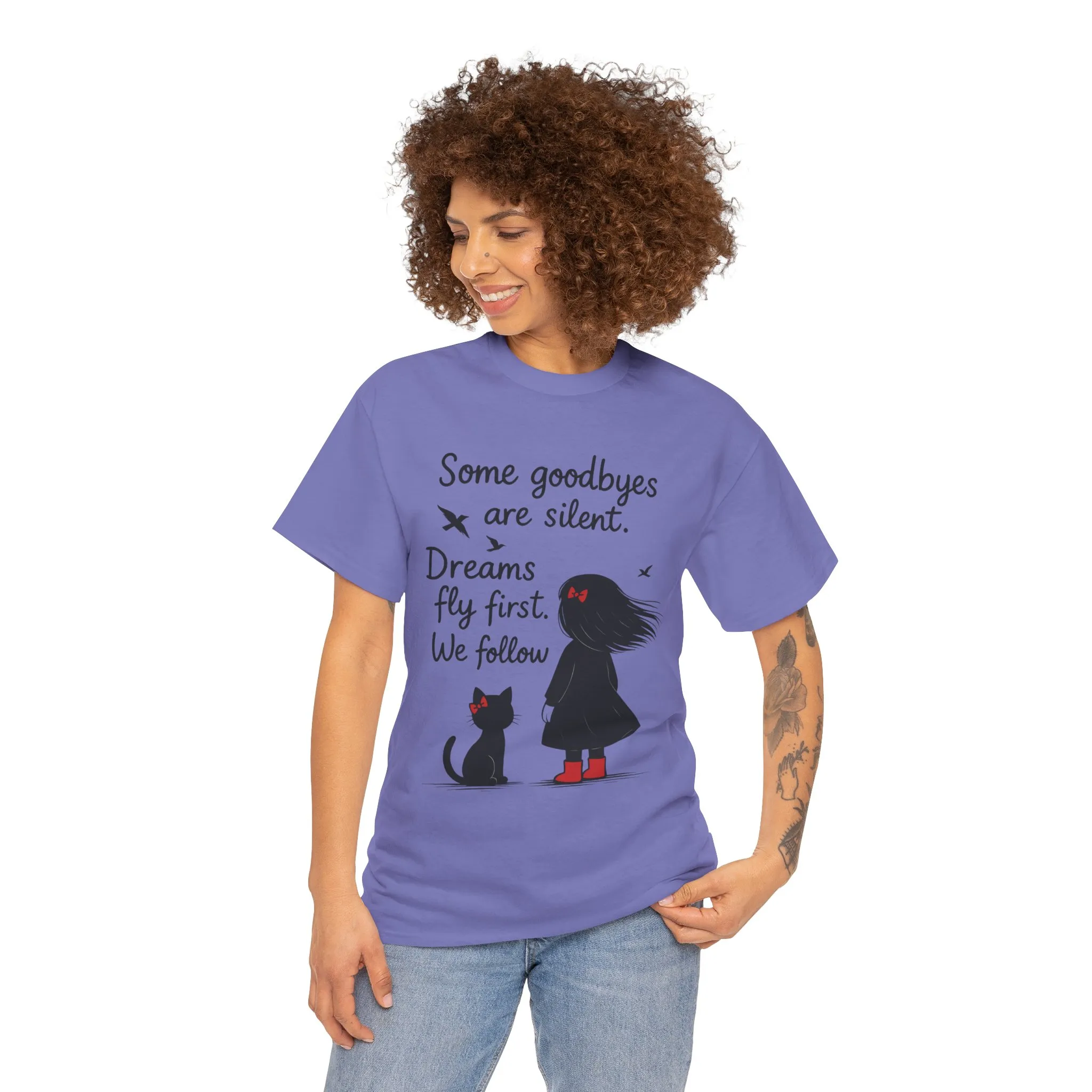 Emotional Hand Drawn Womens T-Shirt, Minimalist Red Dress Girl and Cat Graphic Tee, Cat Lover Gift - Image 17