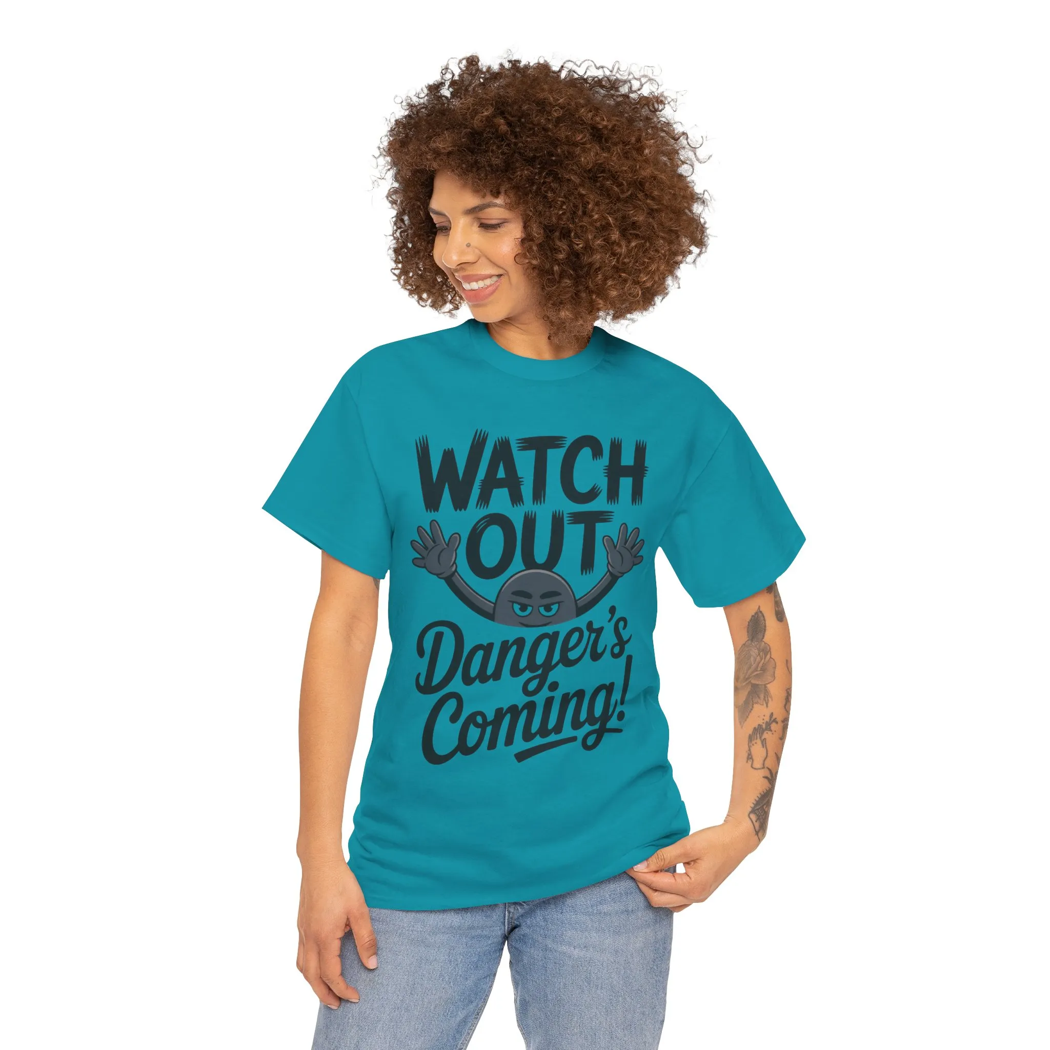 Funny "Watch Out" Cartoon Character T-Shirt, Sketch Style Unisex Heavy Cotton Tee, Minimalist Humorous Graphic Tee, Gift for Him/Her - Image 20