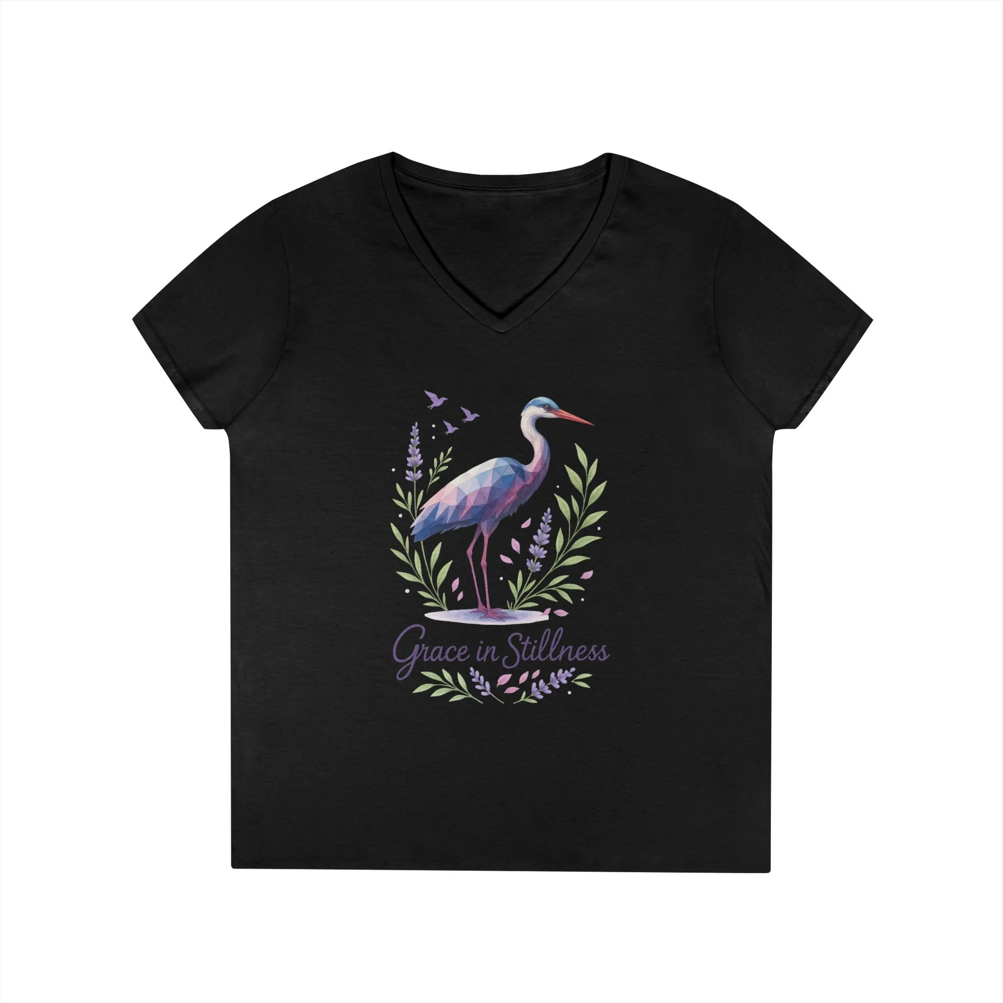 Ladies' V-Neck T-Shirt with Heron Design - Grace in Stillness, Relaxed Fit, Nature-Inspired Gift, Travel Tee, Summer Fashion - Image 4