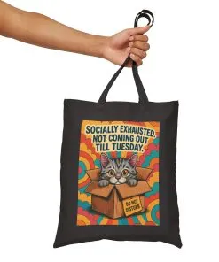 Socially Exhausted Cat Tote Bag, Funny Retro Cat in Box Canvas Bag, Do Not Disturb Comic Bag, Gift for Cat Lovers, Weekend Vibes