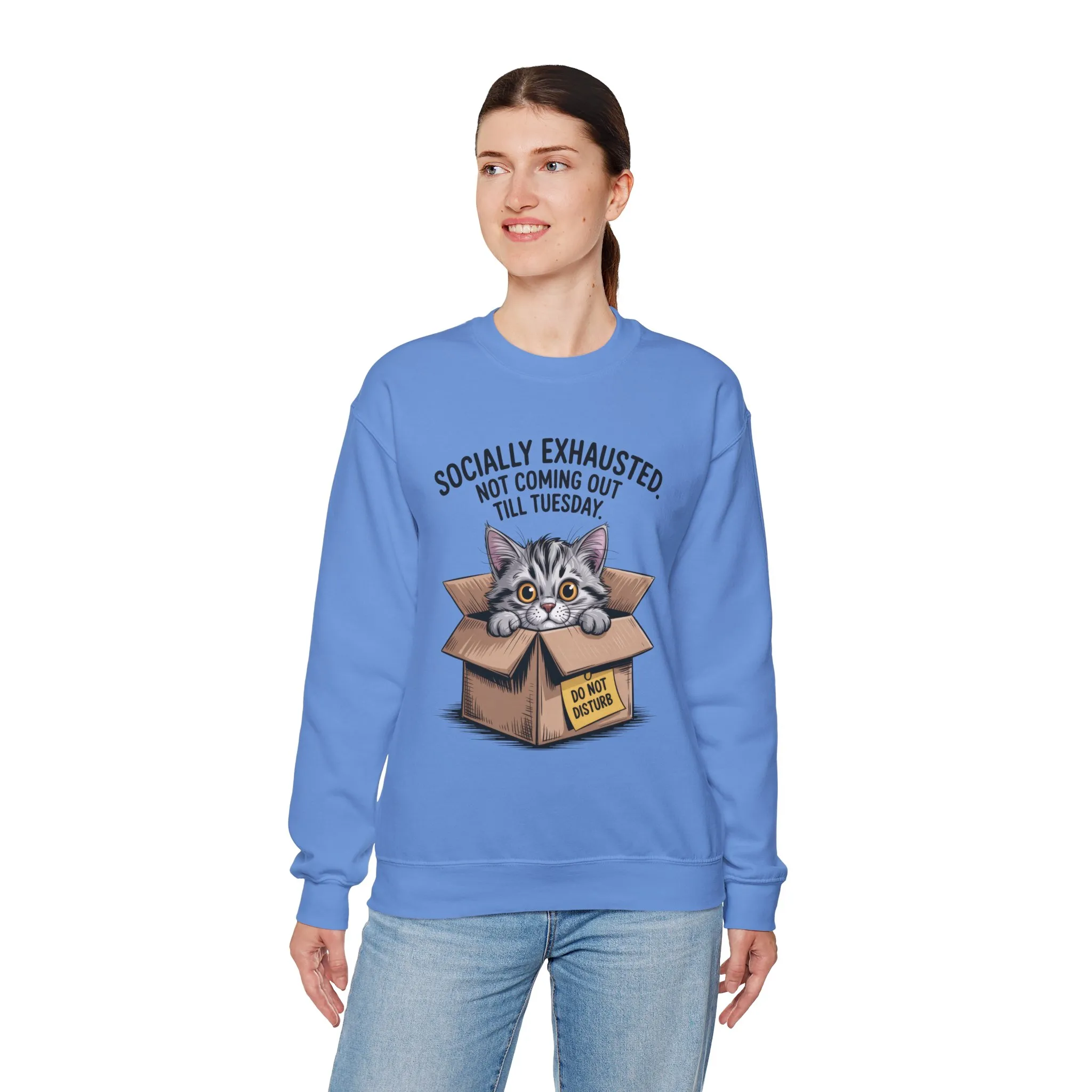 Socially Exhausted Cat Sweatshirt, Funny Cat Crewneck, Gift for Cat Lovers, Cozy Unisex Pullover, Weekend Comfort Apparel - Image 12