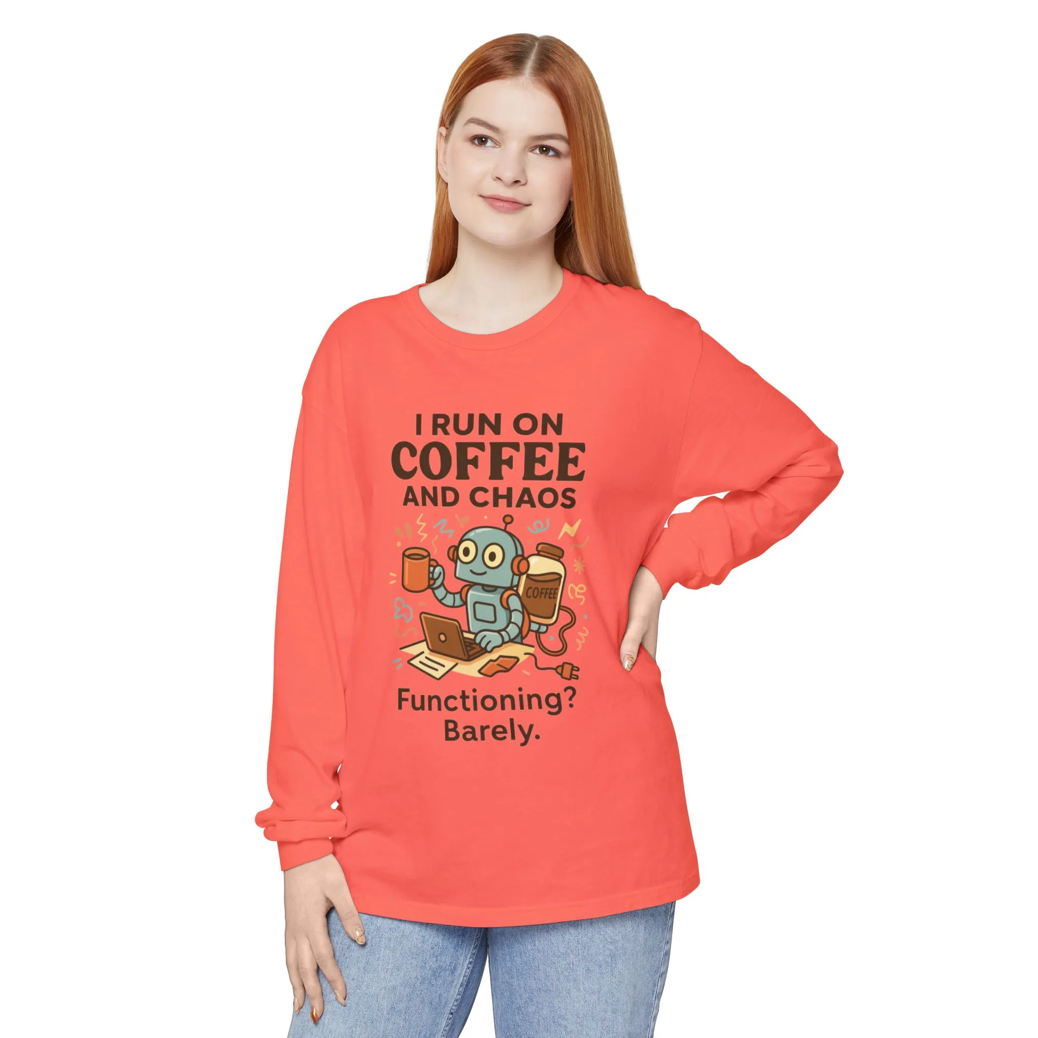 Coffee Chaos Long Sleeve Tee, Funny T-Shirt, Quirky Gift for Coffee Lovers, Unisex Top for Busy Lives, Work from Home Humor Tee - Image 28