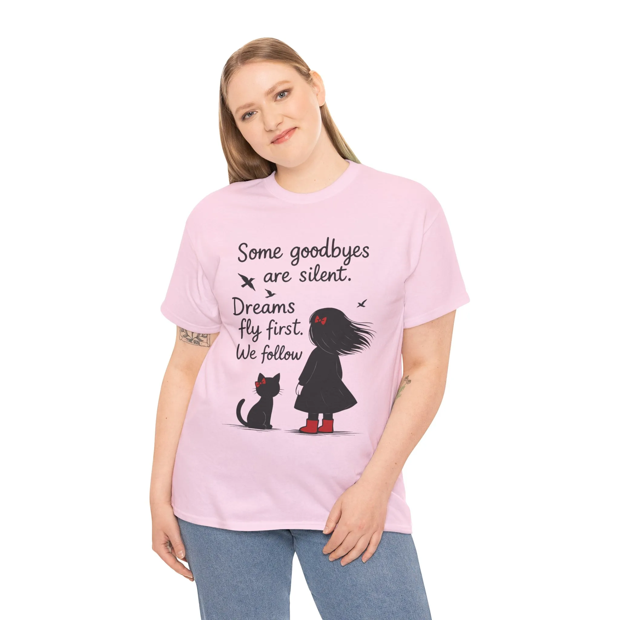 Emotional Hand Drawn Womens T-Shirt, Minimalist Red Dress Girl and Cat Graphic Tee, Cat Lover Gift - Image 21