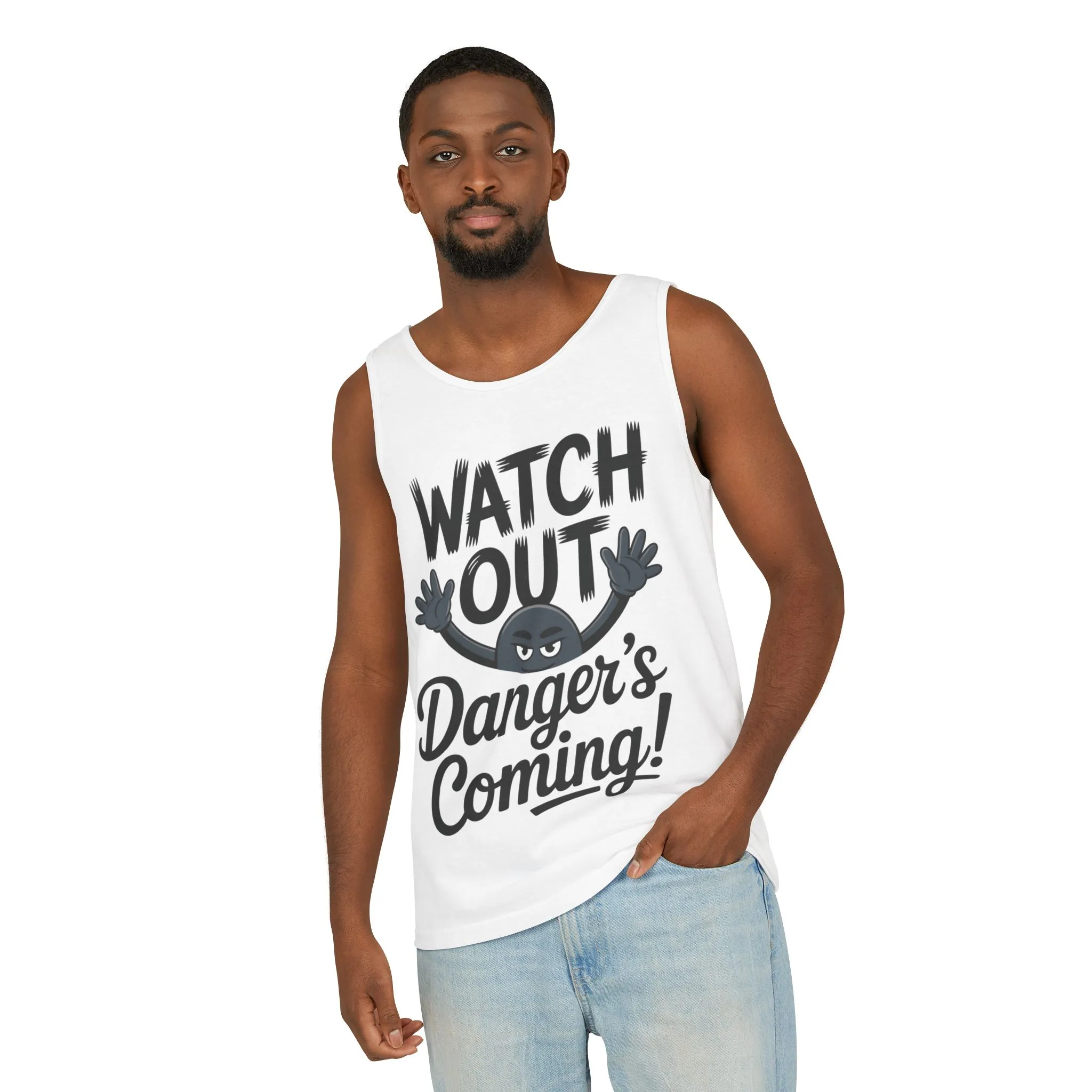 Watch Out! Danger's Coming, Mens Garment-Dyed Tank Top, Summer Tank, Trendy Mens Top, Fun Graphic Tee, Casual Wear, Gift for Him - Image 5