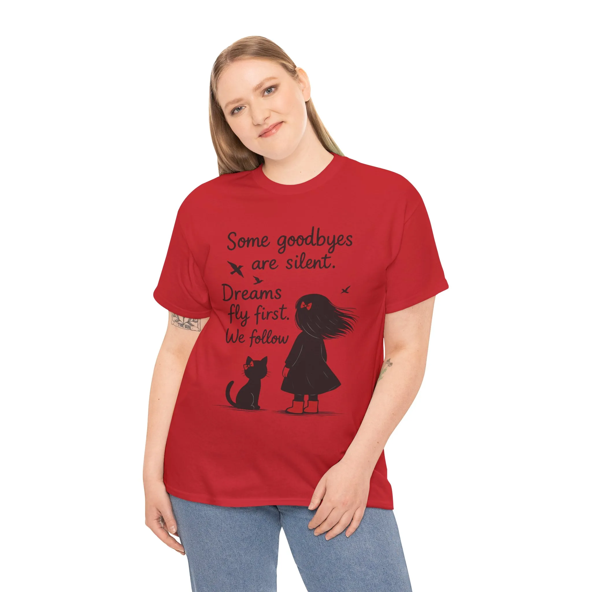 Emotional Hand Drawn Womens T-Shirt, Minimalist Red Dress Girl and Cat Graphic Tee, Cat Lover Gift - Image 27