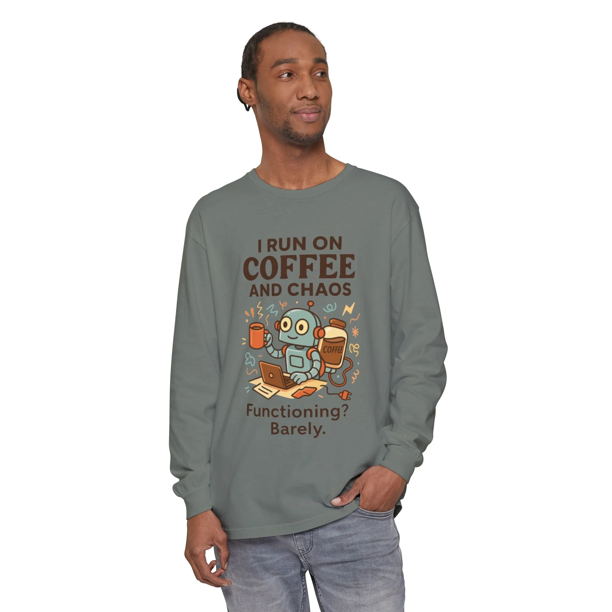 Coffee Chaos Long Sleeve Tee, Funny T-Shirt, Quirky Gift for Coffee Lovers, Unisex Top for Busy Lives, Work from Home Humor Tee - Image 38