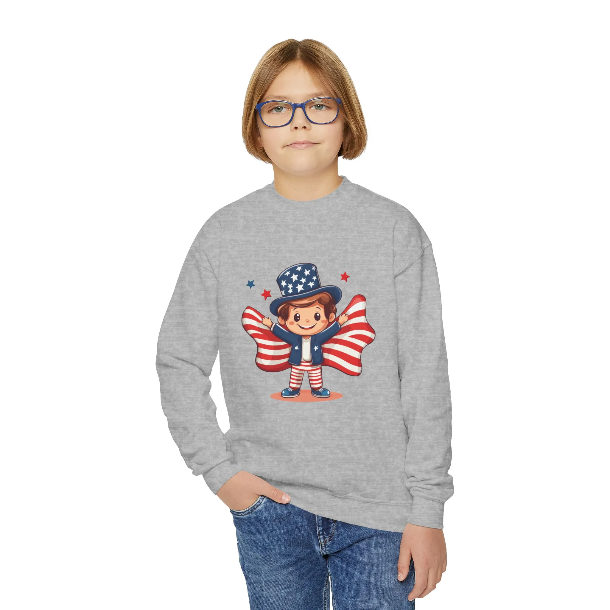 Patriotic Youth Crewneck Sweatshirt, Kids Flag Sweatshirt, July 4th Outfit, Independence Day Gear, Americana Sweatshirt, Holiday Clothing - Image 2