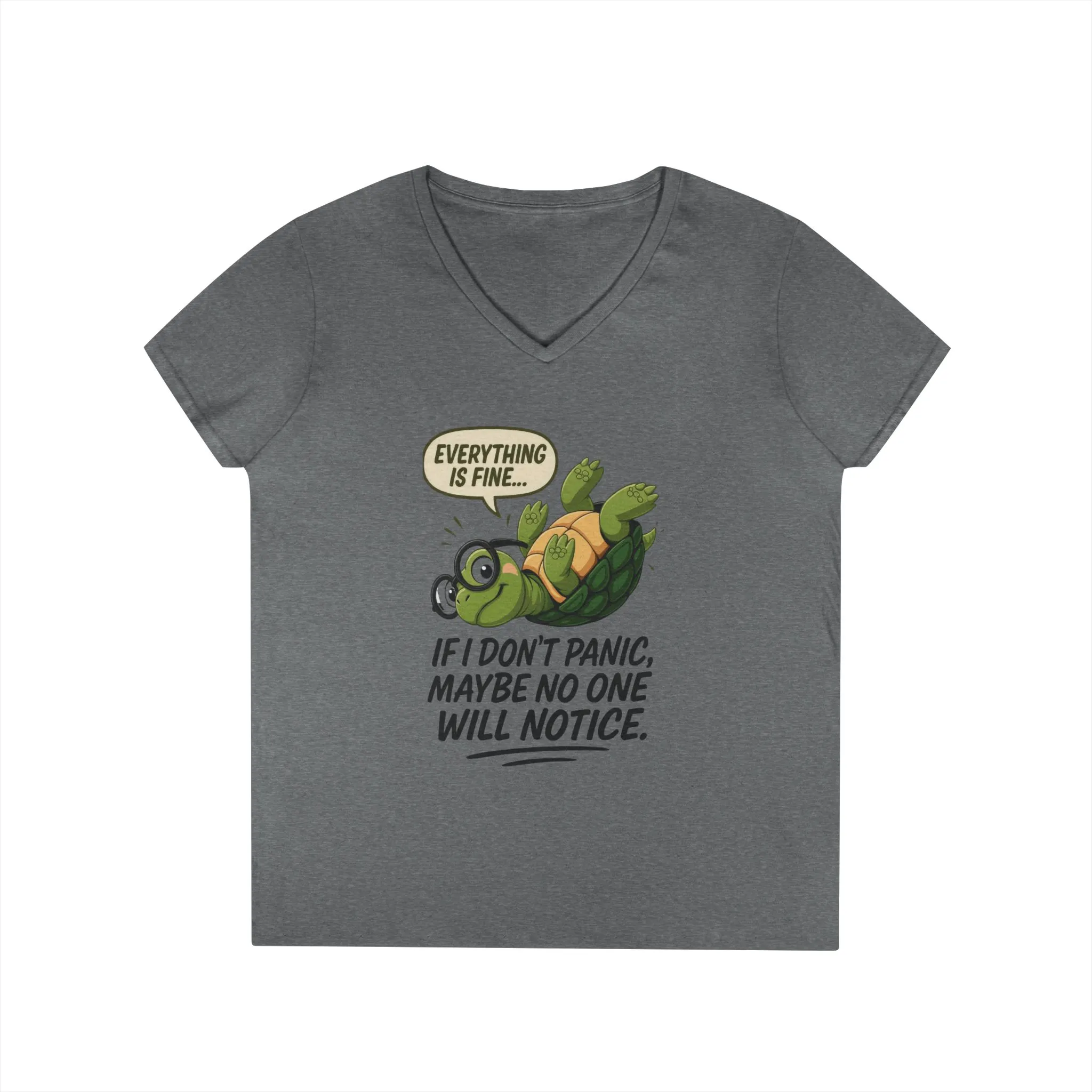 Cute & Comfy Turtle V-Neck T-Shirt, Everything is fine.. design, Gift for Animal Lovers, Casual Wear, Fun Quotes, Positive message tee - Image 7