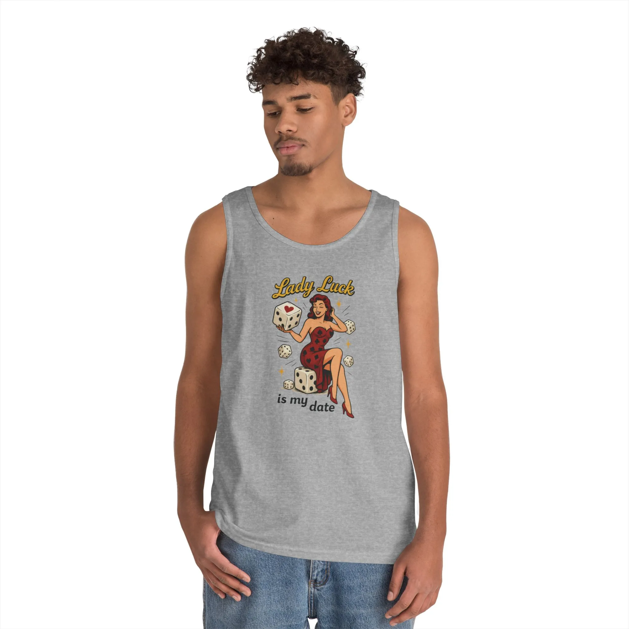 Lucky Me Tank Top, Retro Lady Luck Tee for Men, Gambling & Dice Themed Tee, Vintage Pin-Up Vegas Gift, Good Luck Gifts, for Luck Enthusiasts - Image 6