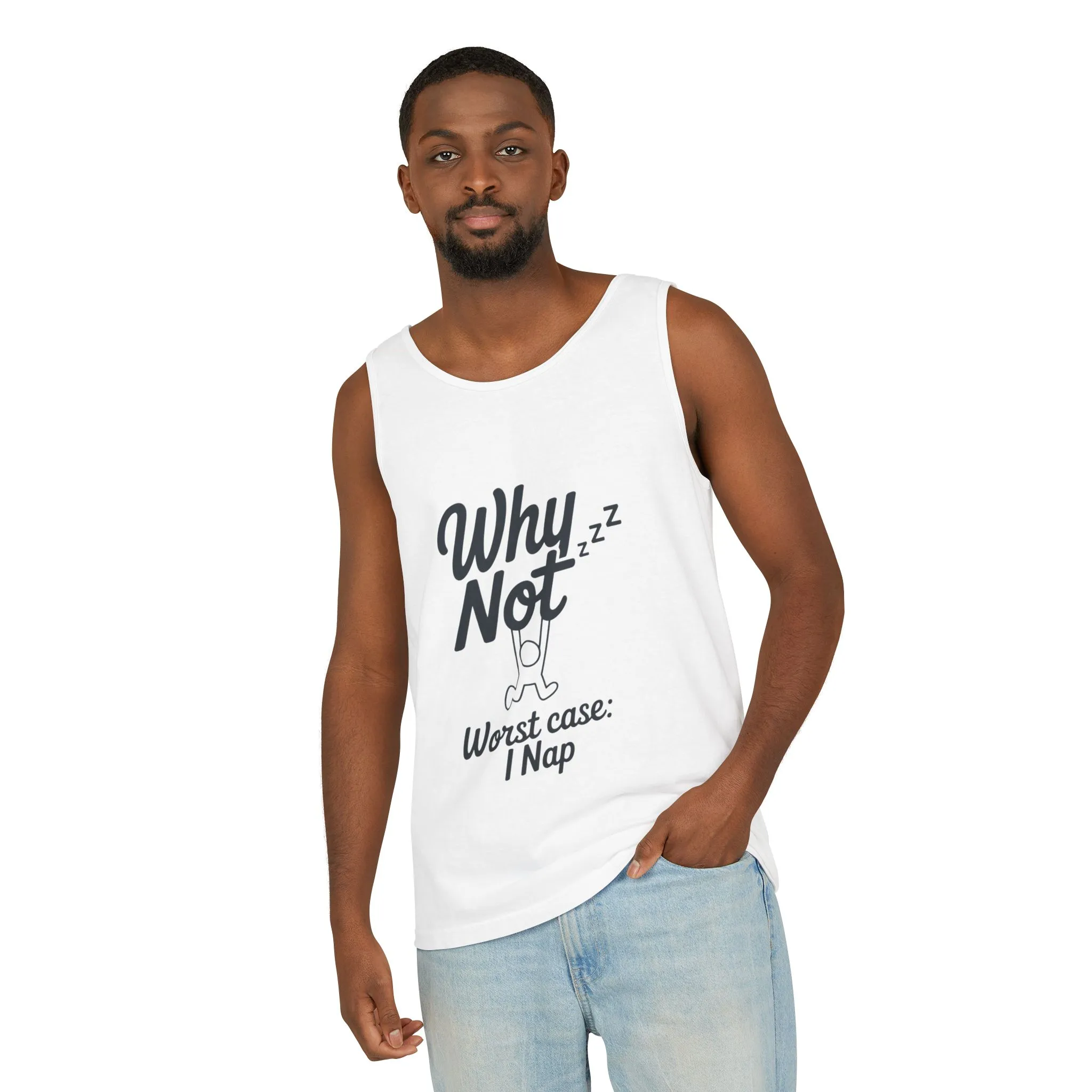 Comfy Mens Tank Top - Why Not? | Perfect for Relaxing, Gift for Nappers, Summer Wear, Vacation Apparel, Hilarious Lounge Top - Image 4