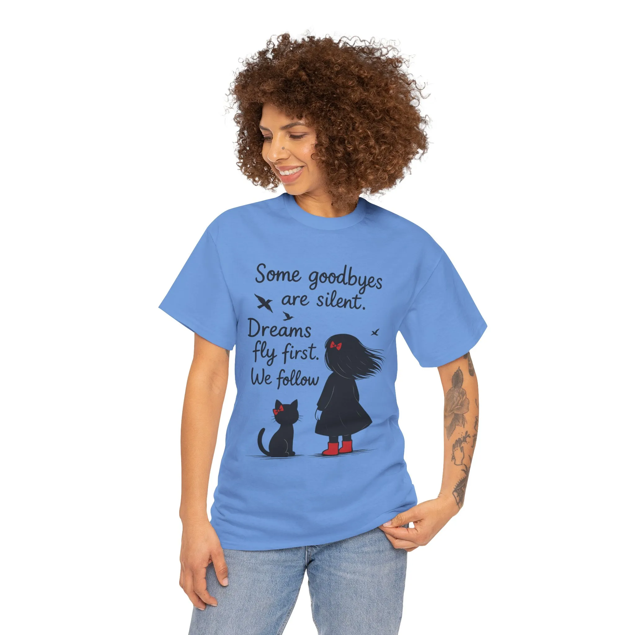 Emotional Hand Drawn Womens T-Shirt, Minimalist Red Dress Girl and Cat Graphic Tee, Cat Lover Gift - Image 11