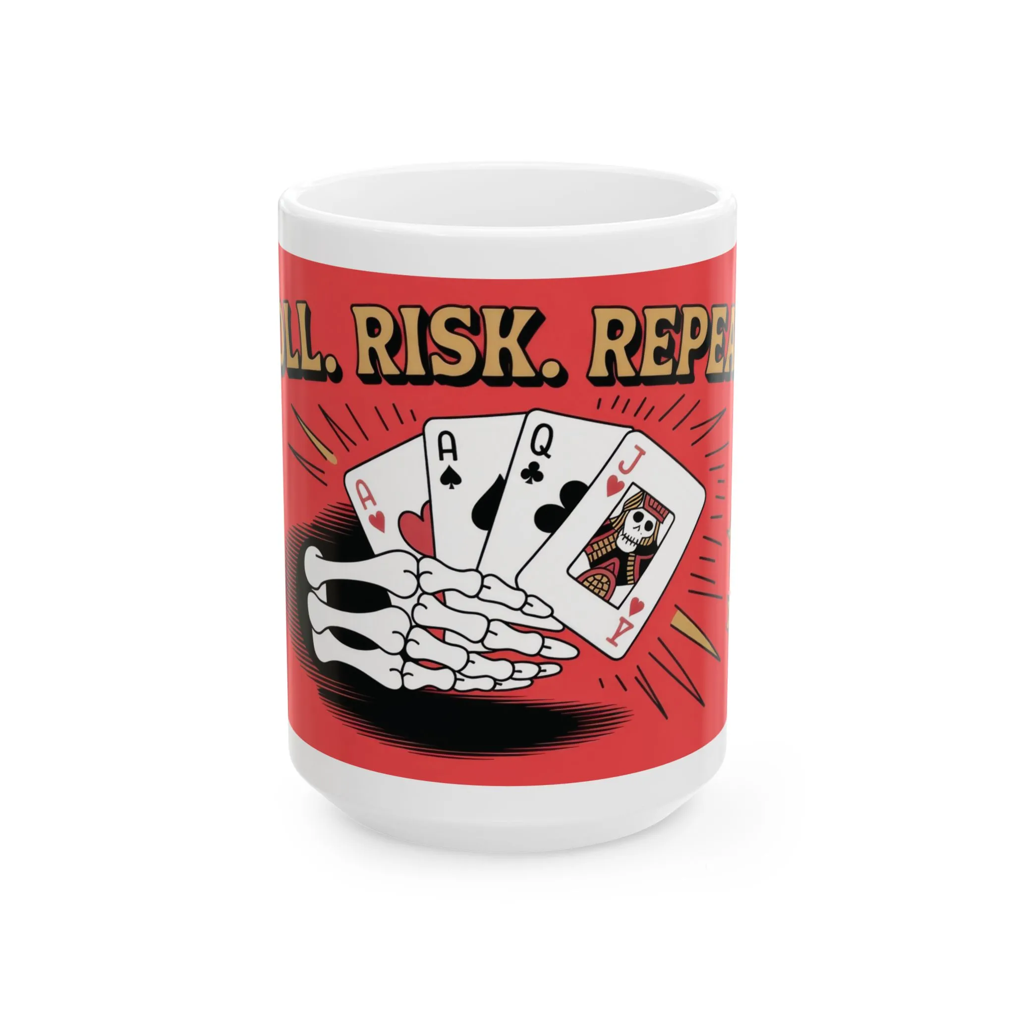 Roll Risk Repeat Poker Mug, Bold Tattoo Style Coffee Cup with Joker Card, Gambling Gift, Gothic Drinkware, Poker Lovers Mug - Image 8