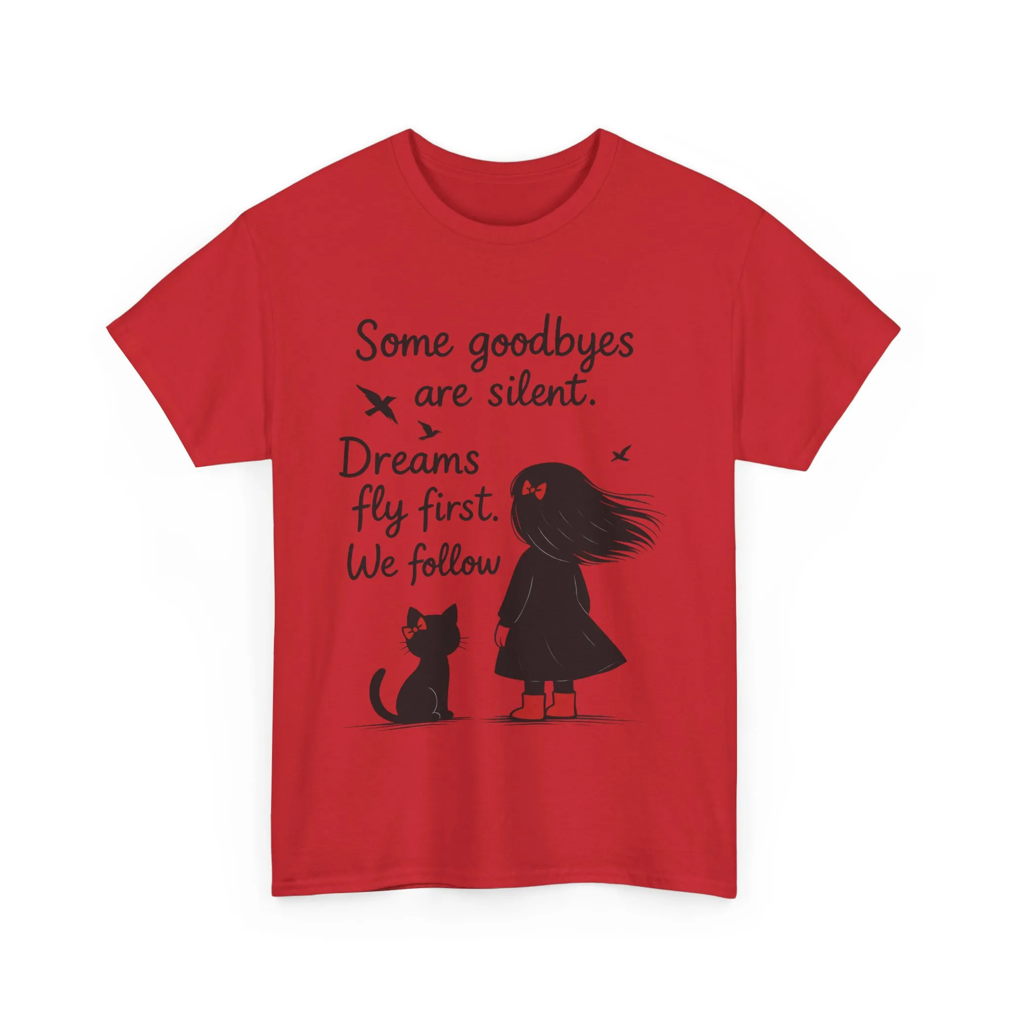 Emotional Hand Drawn Womens T-Shirt, Minimalist Red Dress Girl and Cat Graphic Tee, Cat Lover Gift - Image 25
