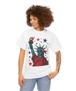 Lady Liberty Pop Art T-Shirt, Patriotic 4th of July Womens Tee, Retro USA Bandana Statue Shirt
