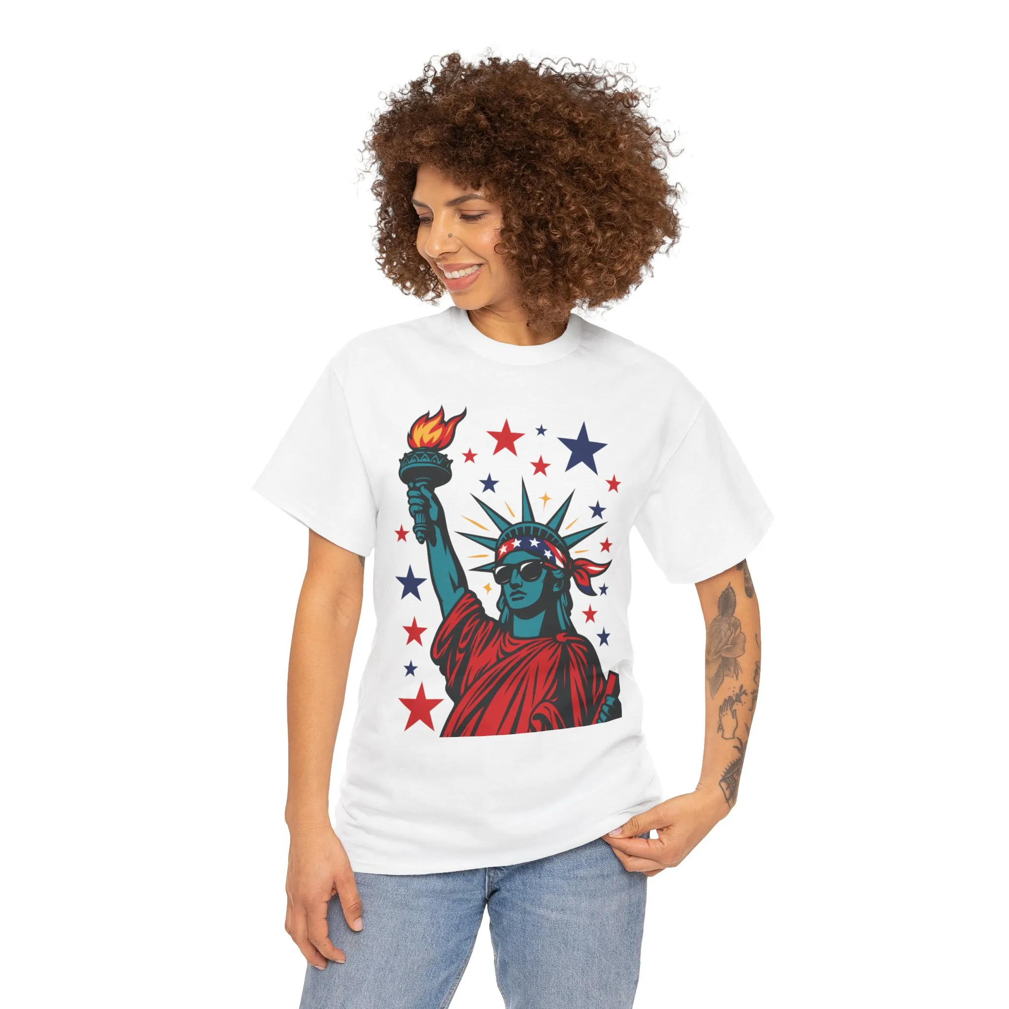 Lady Liberty Pop Art T-Shirt, Patriotic 4th of July Womens Tee, Retro USA Bandana Statue Shirt