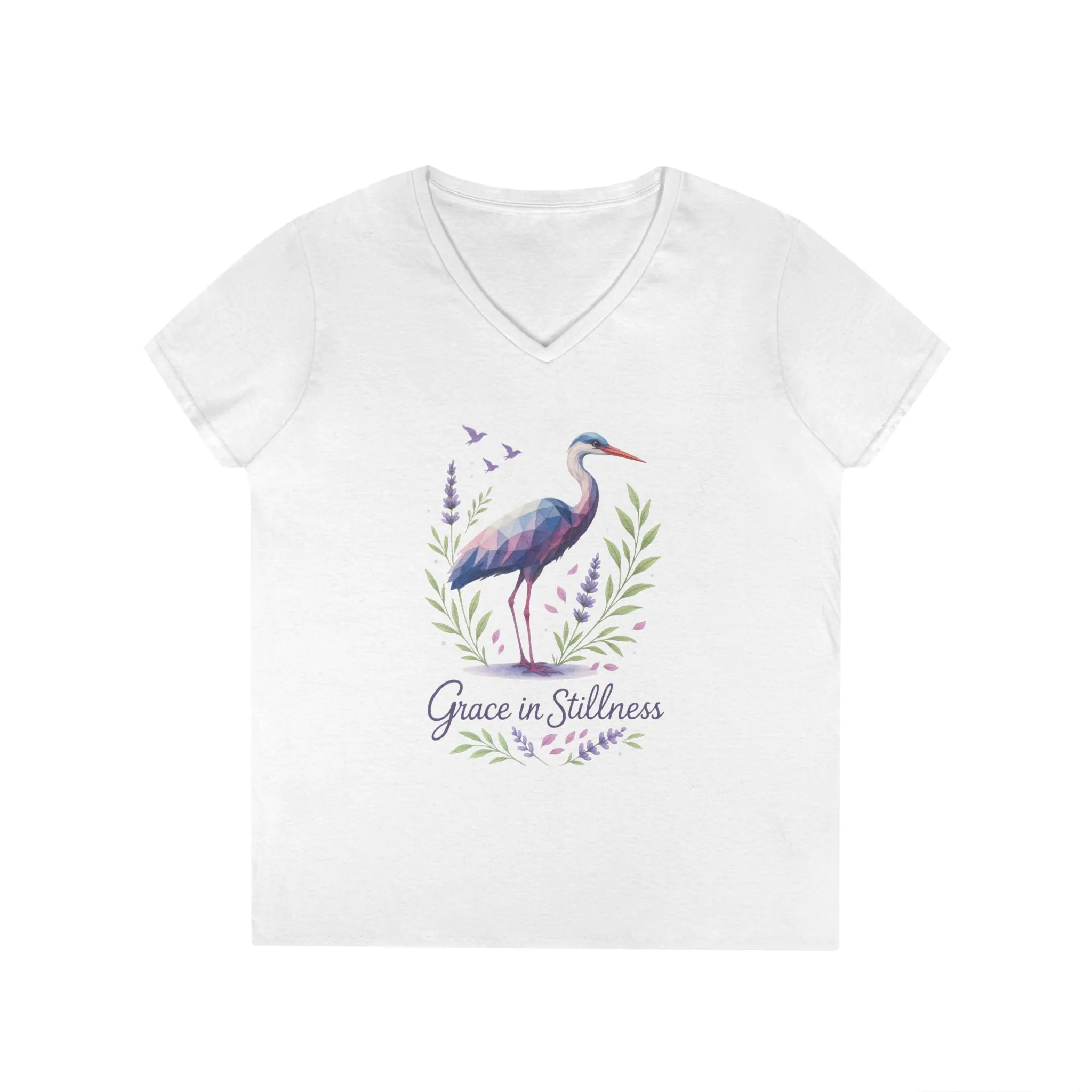 Ladies' V-Neck T-Shirt with Heron Design - Grace in Stillness, Relaxed Fit, Nature-Inspired Gift, Travel Tee, Summer Fashion - Image 2
