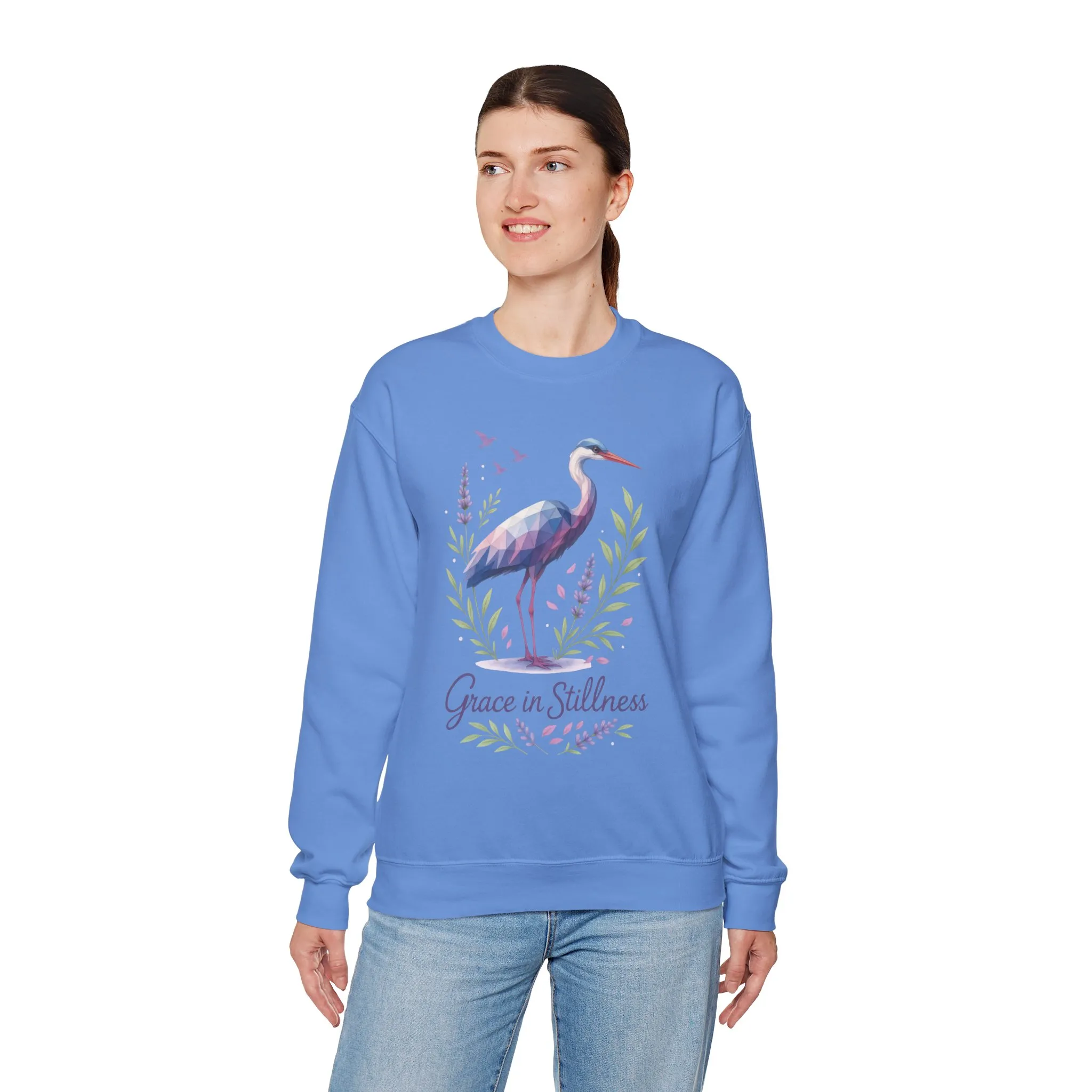 Polygonal Heron Graphic Sweatshirt, Women's Artistic Bird Crewneck, Nature-Inspired Minimalist Design, Geometric Crane, Bird Lovers Gift - Image 15