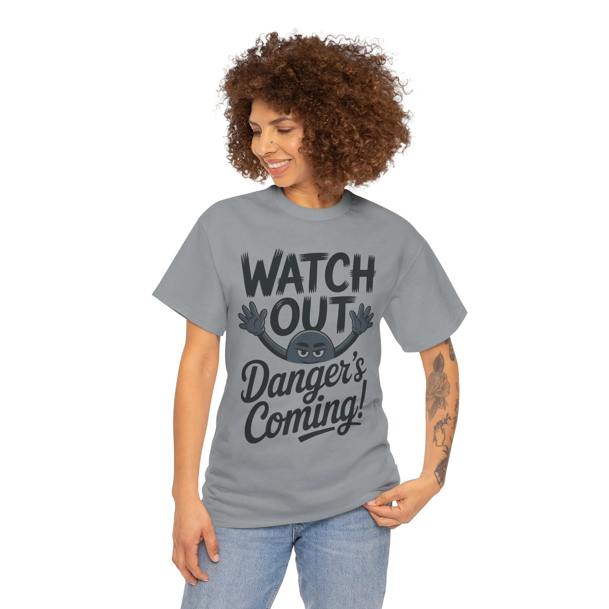 Funny "Watch Out" Cartoon Character T-Shirt, Sketch Style Unisex Heavy Cotton Tee, Minimalist Humorous Graphic Tee, Gift for Him/Her - Image 4