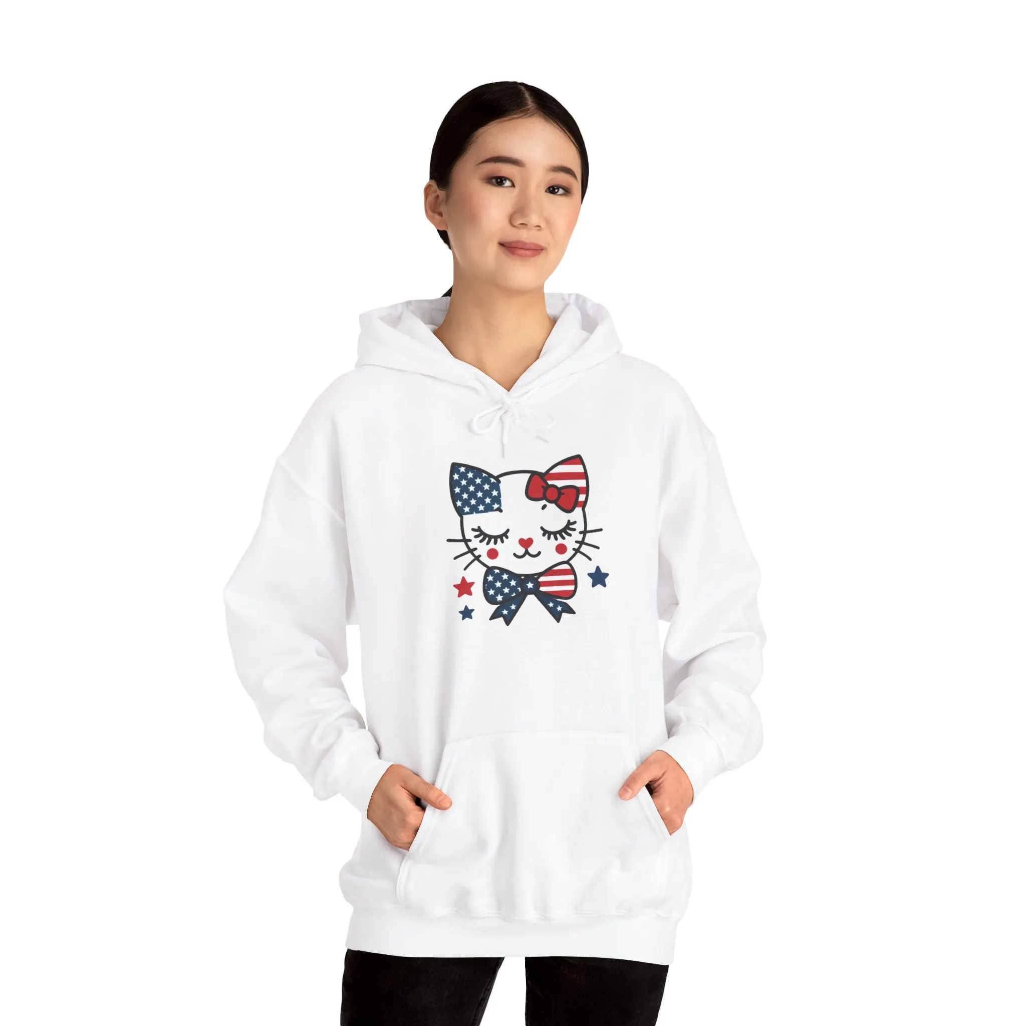 Cute Cat Patriot Womens Hoodie, Womens Heavy Blend Sweatshirt, Gift for Cat Lovers, 4th of July Apparel, Perfect for Independence Day - Image 5