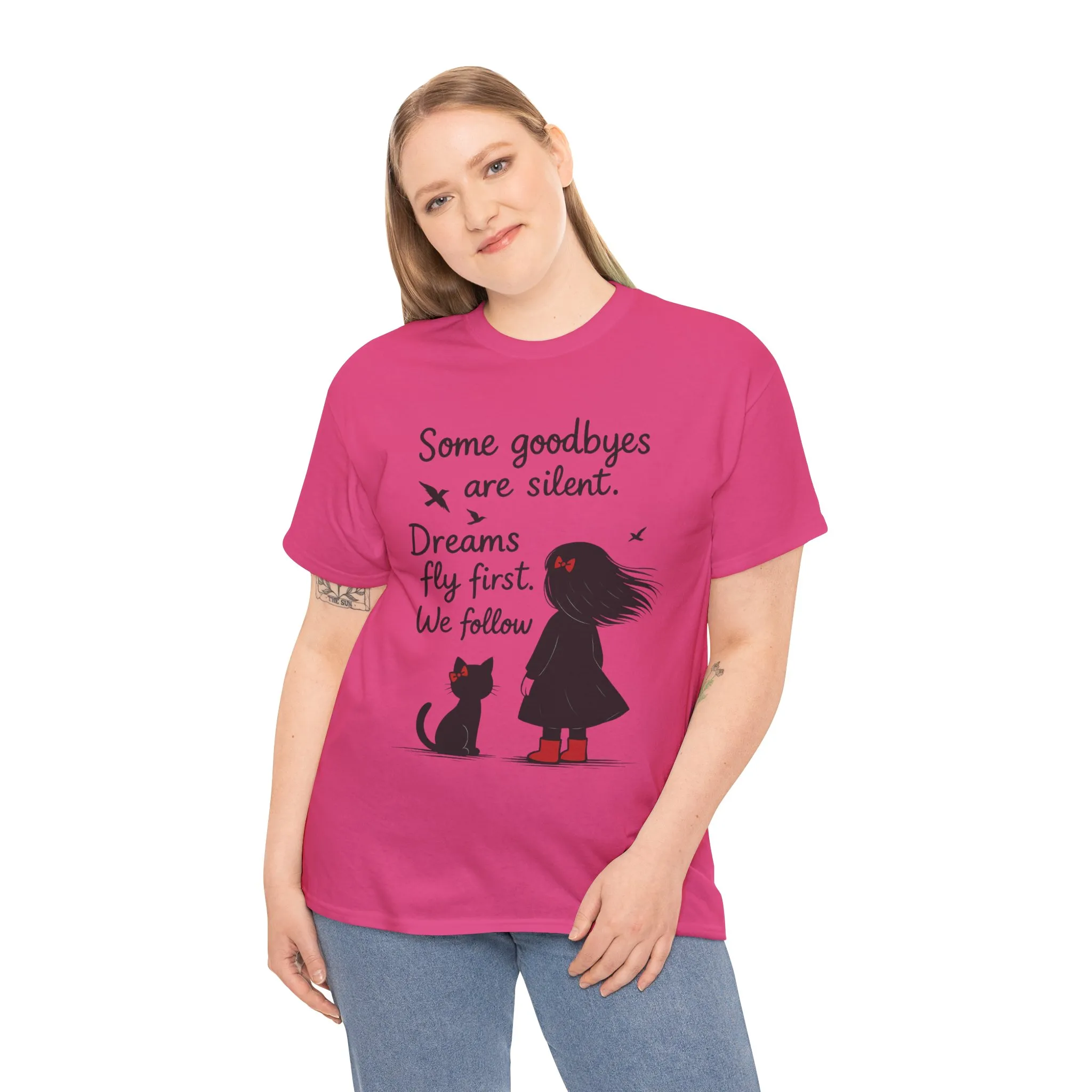 Emotional Hand Drawn Womens T-Shirt, Minimalist Red Dress Girl and Cat Graphic Tee, Cat Lover Gift - Image 24