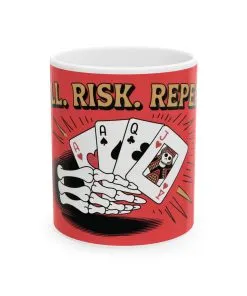 Roll Risk Repeat Poker Mug, Bold Tattoo Style Coffee Cup with Joker Card, Gambling Gift, Gothic Drinkware, Poker Lovers Mug