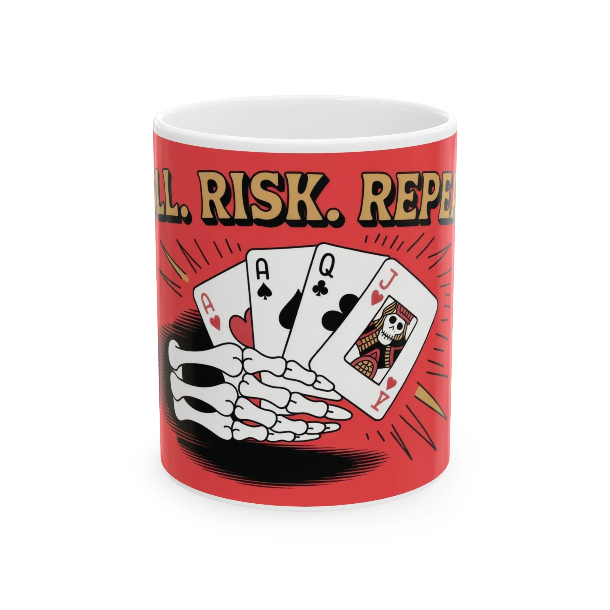 Roll Risk Repeat Poker Mug, Bold Tattoo Style Coffee Cup with Joker Card, Gambling Gift, Gothic Drinkware, Poker Lovers Mug
