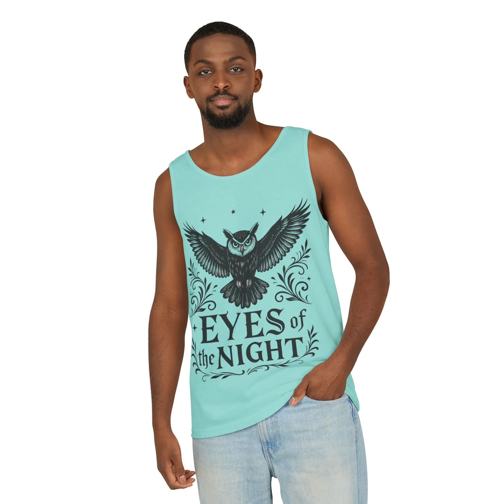 Eyes of the Night Owl Tank Top, Mens Summer Wear, Boho Aesthetic, Festival Outfit, Nature Lover Gift, Halloween Apparel