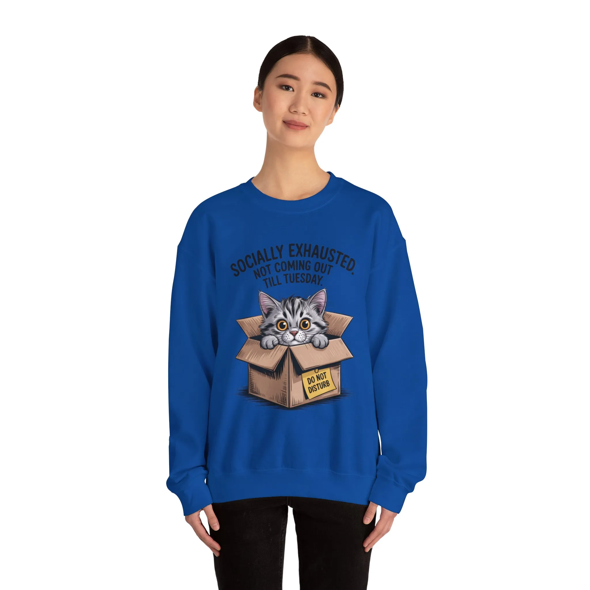 Socially Exhausted Cat Sweatshirt, Funny Cat Crewneck, Gift for Cat Lovers, Cozy Unisex Pullover, Weekend Comfort Apparel - Image 20