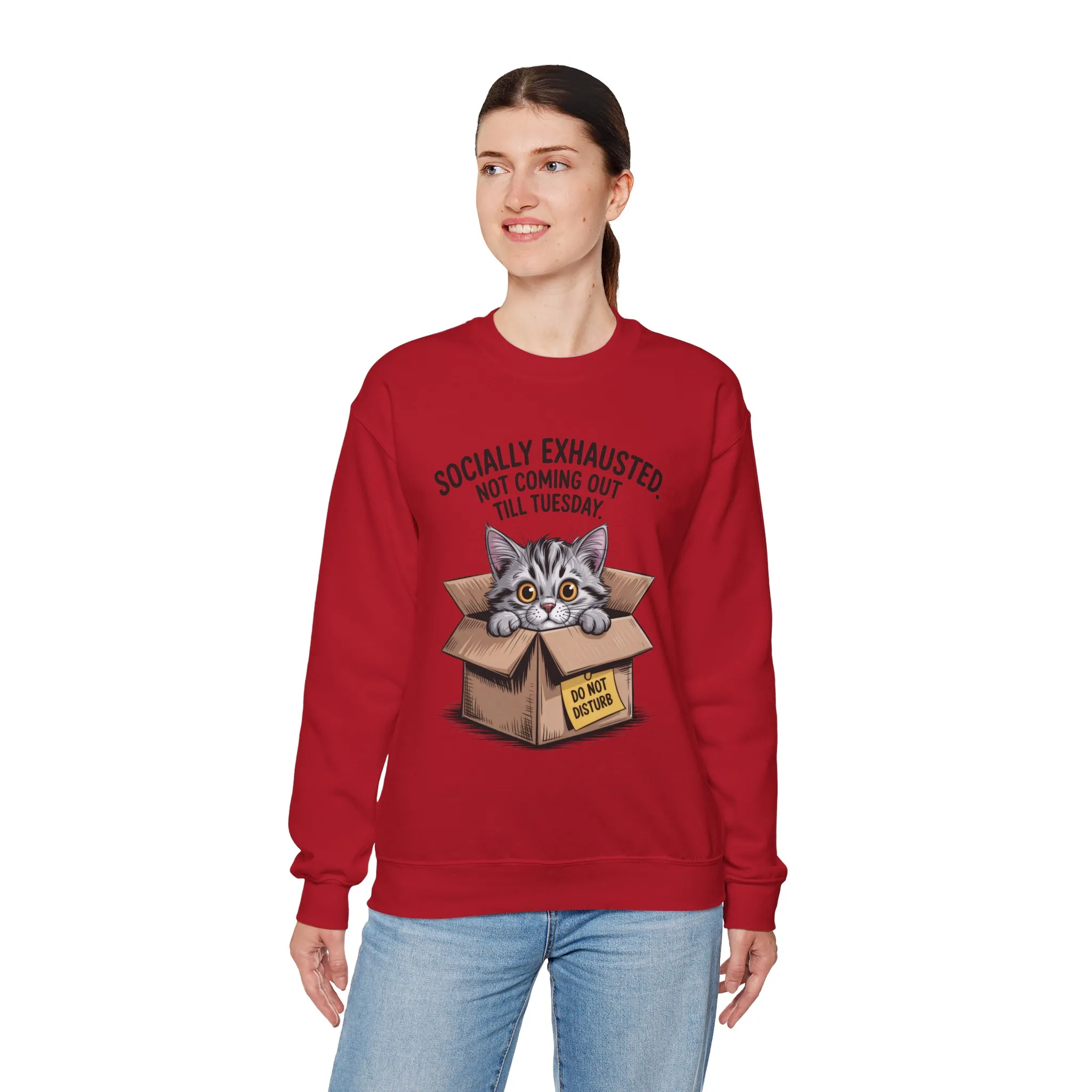 Socially Exhausted Cat Sweatshirt, Funny Cat Crewneck, Gift for Cat Lovers, Cozy Unisex Pullover, Weekend Comfort Apparel - Image 27