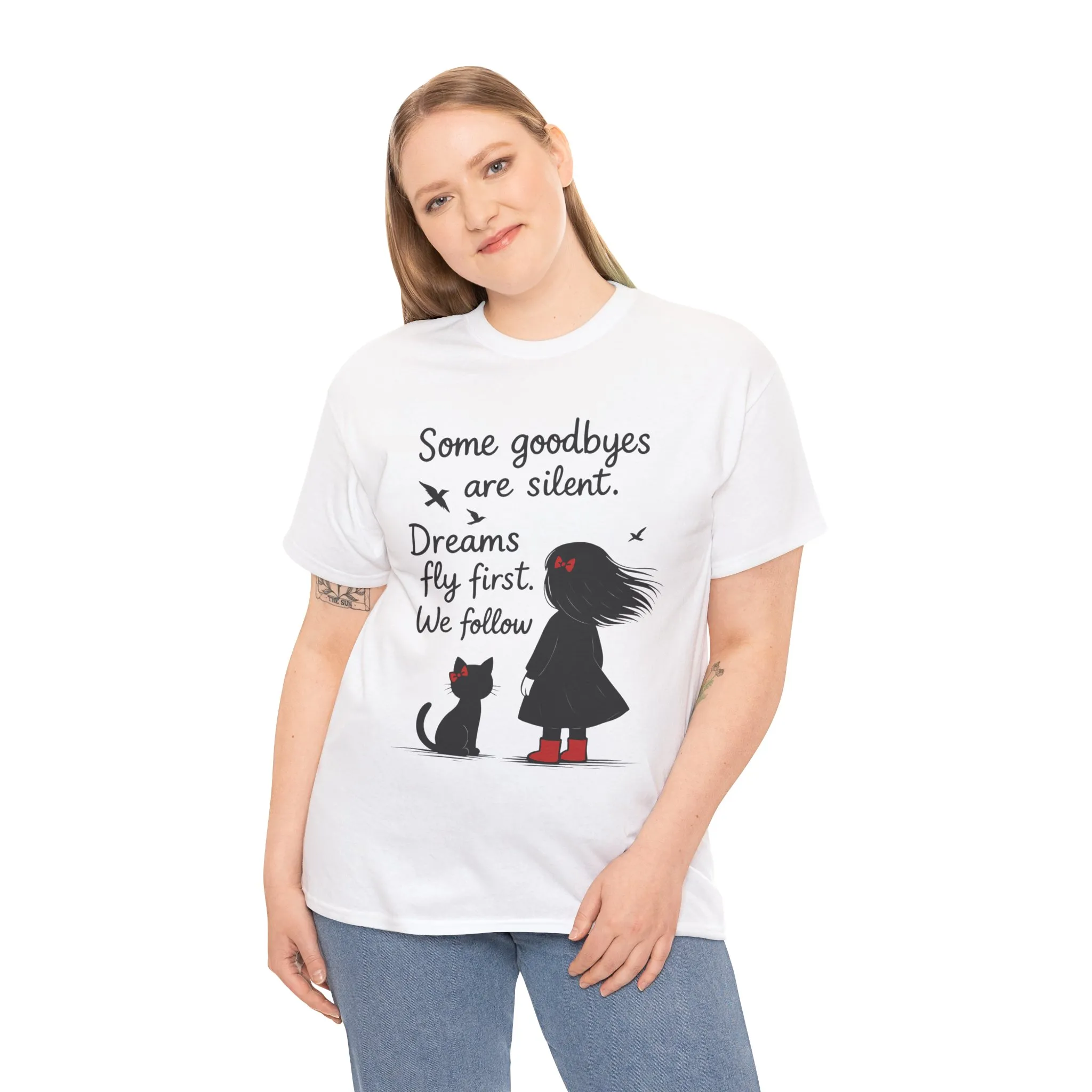 Emotional Hand Drawn Womens T-Shirt, Minimalist Red Dress Girl and Cat Graphic Tee, Cat Lover Gift - Image 30