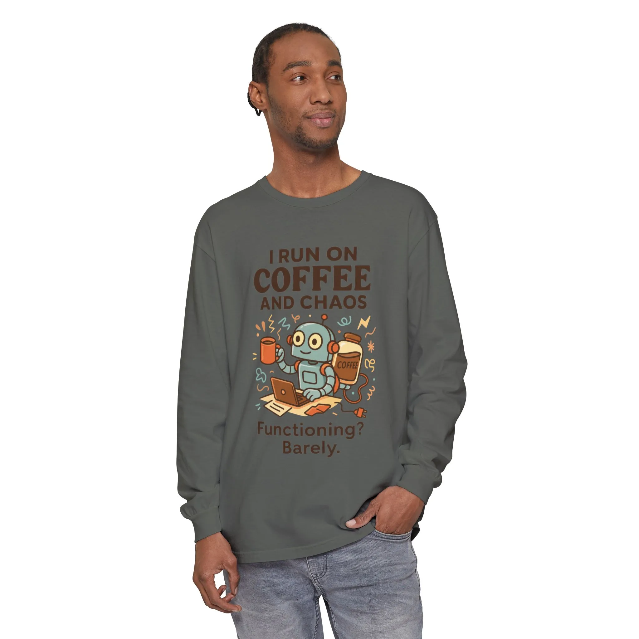 Coffee Chaos Long Sleeve Tee, Funny T-Shirt, Quirky Gift for Coffee Lovers, Unisex Top for Busy Lives, Work from Home Humor Tee - Image 35