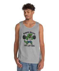 RAWR Gym Tank for Men, Funny Dinosaur Lifting Tee, Workout Dino Fitness Gift, Barbell Humor Tank Top for Men, Motivational Tank, Activewear