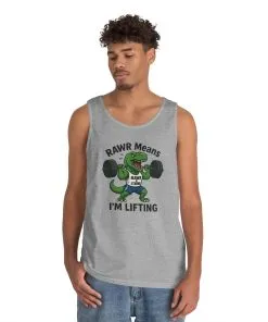 RAWR Gym Tank for Men, Funny Dinosaur Lifting Tee, Workout Dino Fitness Gift, Barbell Humor Tank Top for Men, Motivational Tank, Activewear