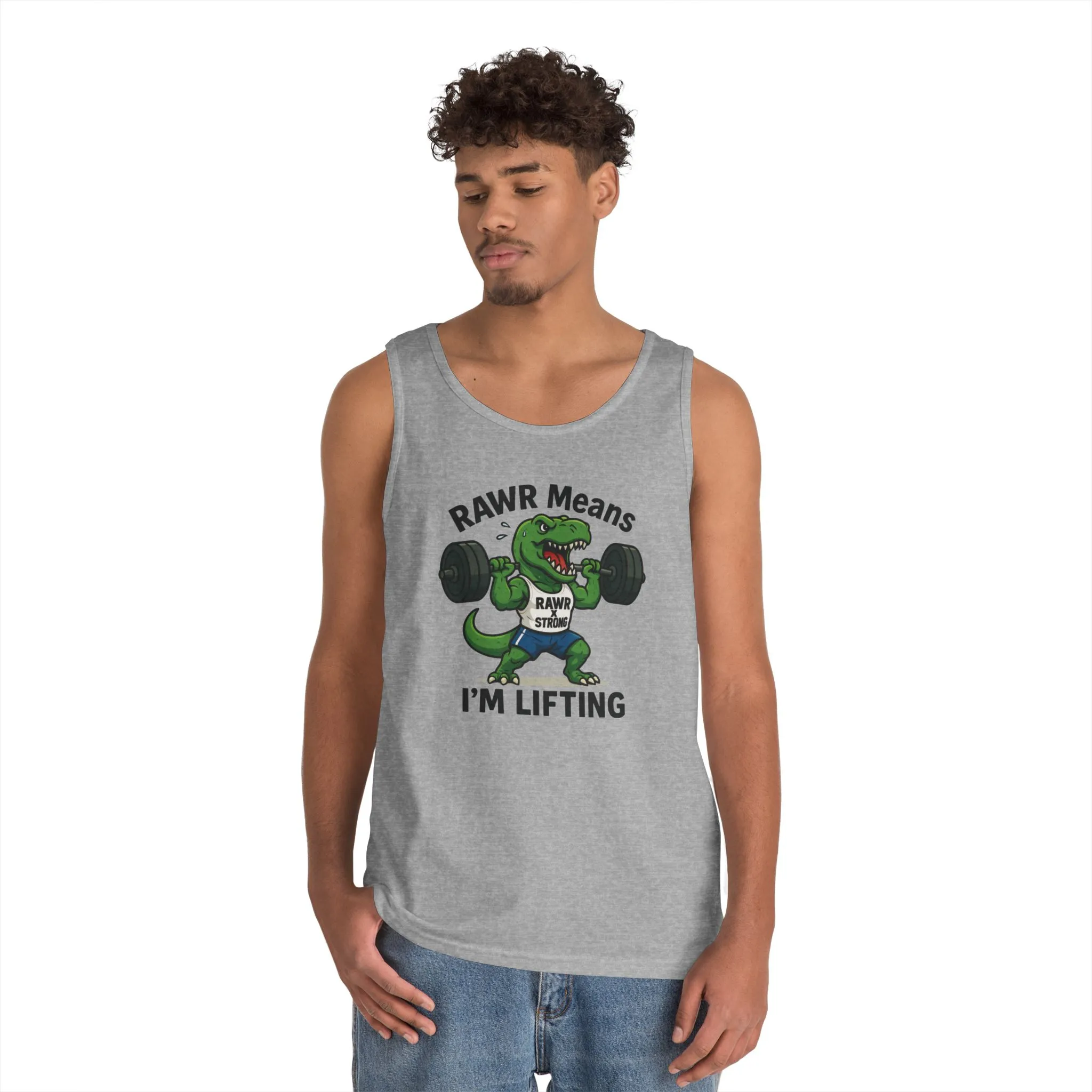 RAWR Gym Tank for Men, Funny Dinosaur Lifting Tee, Workout Dino Fitness Gift, Barbell Humor Tank Top for Men, Motivational Tank, Activewear