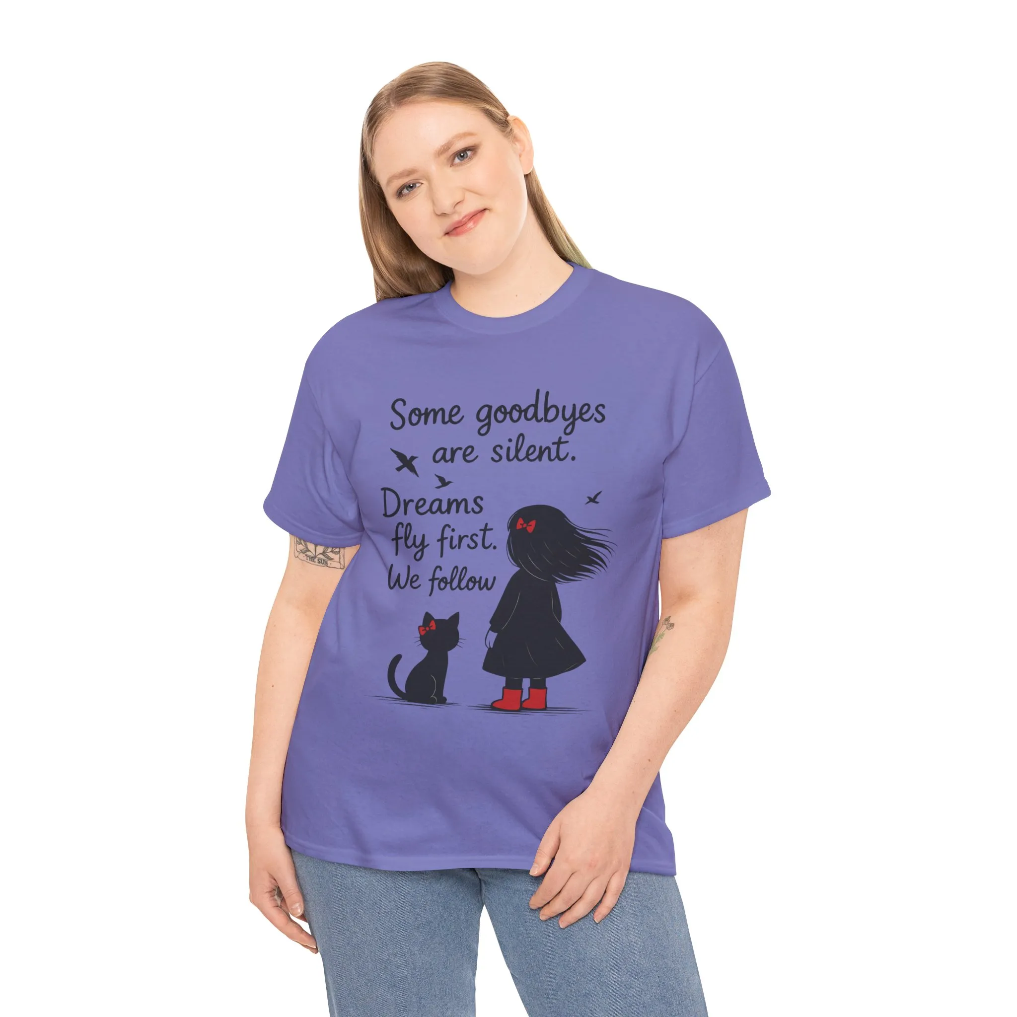 Emotional Hand Drawn Womens T-Shirt, Minimalist Red Dress Girl and Cat Graphic Tee, Cat Lover Gift - Image 18