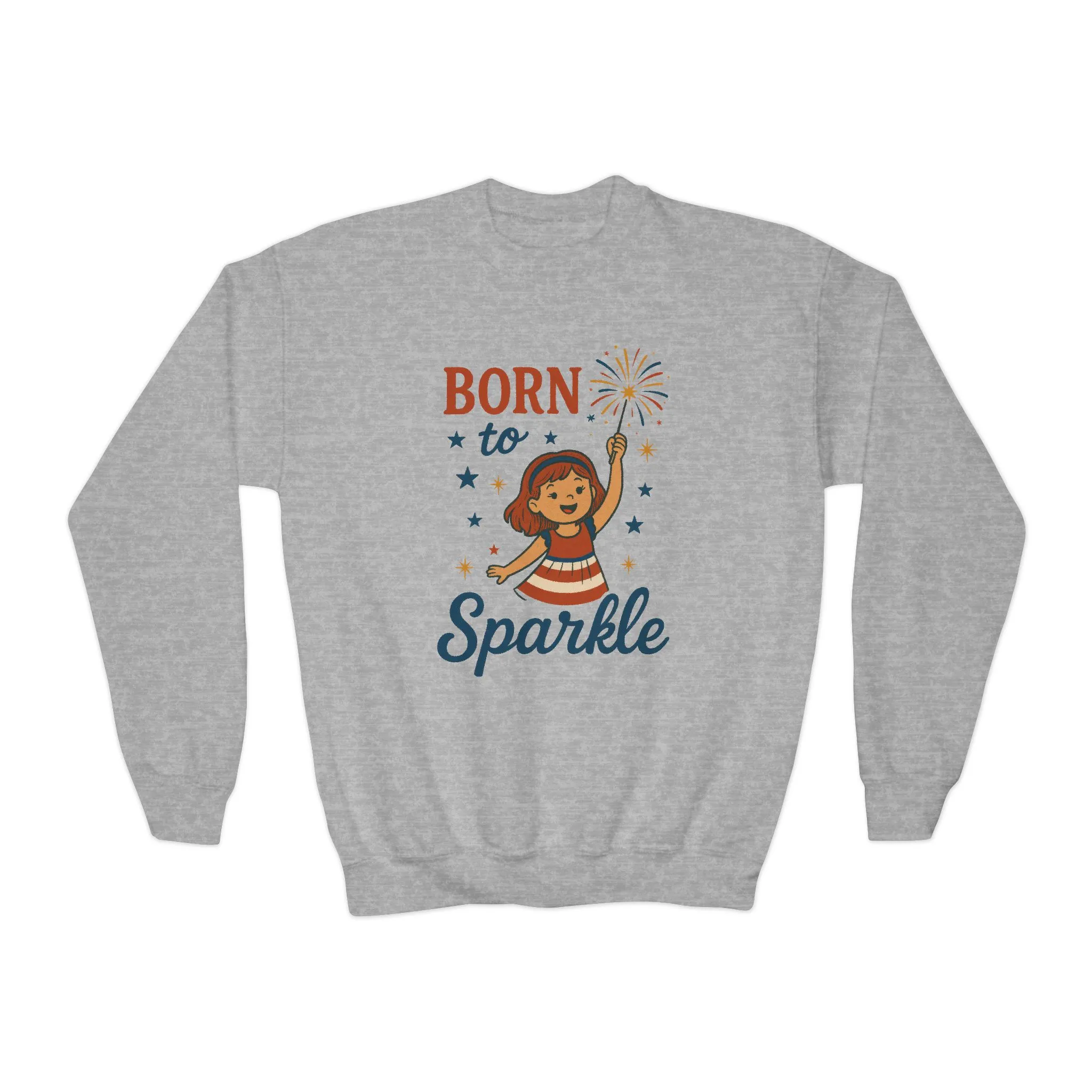 4th of July Youth Crewneck Sweatshirt, Born to Sparkle Tee, Patriotic Fireworks Toddler Crewneck, Independence Day Outfit for Tween Girls - Image 4