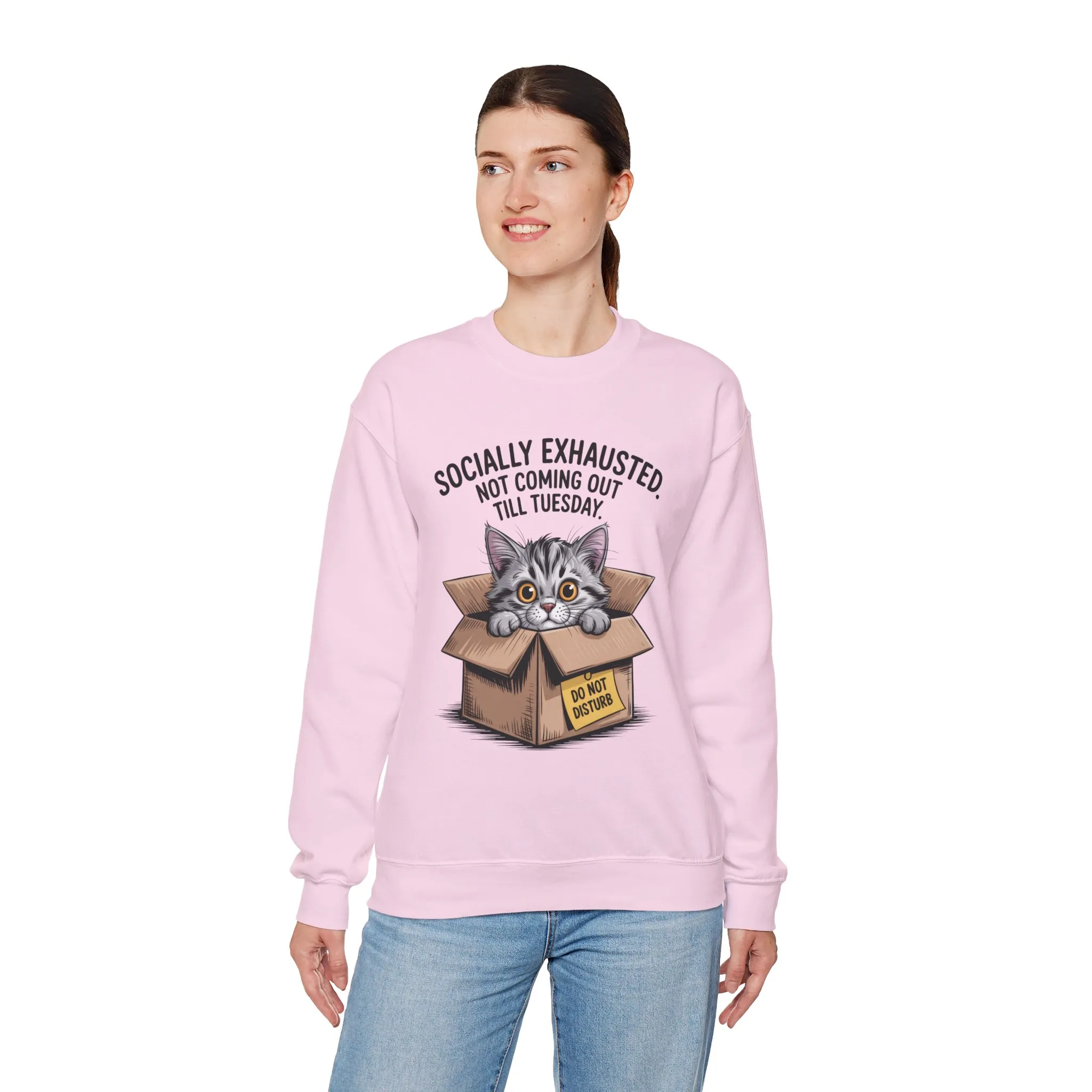 Socially Exhausted Cat Sweatshirt, Funny Cat Crewneck, Gift for Cat Lovers, Cozy Unisex Pullover, Weekend Comfort Apparel - Image 39