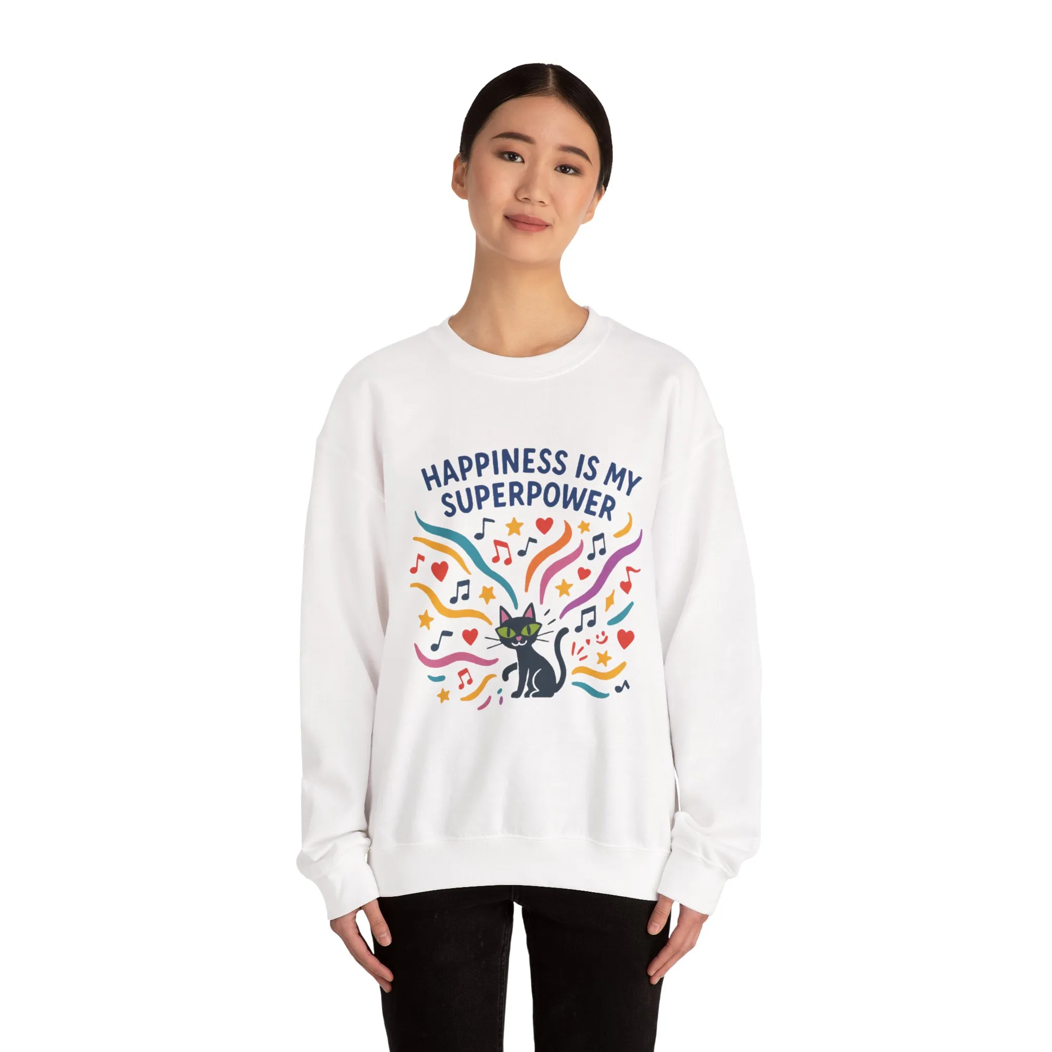 Playful Cat Crewneck Sweatshirt, Happiness is My Superpower, Cozy Sweatshirt, Gift for Cat Lovers, Fun Casual Style, Unique Animal Design - Image 5
