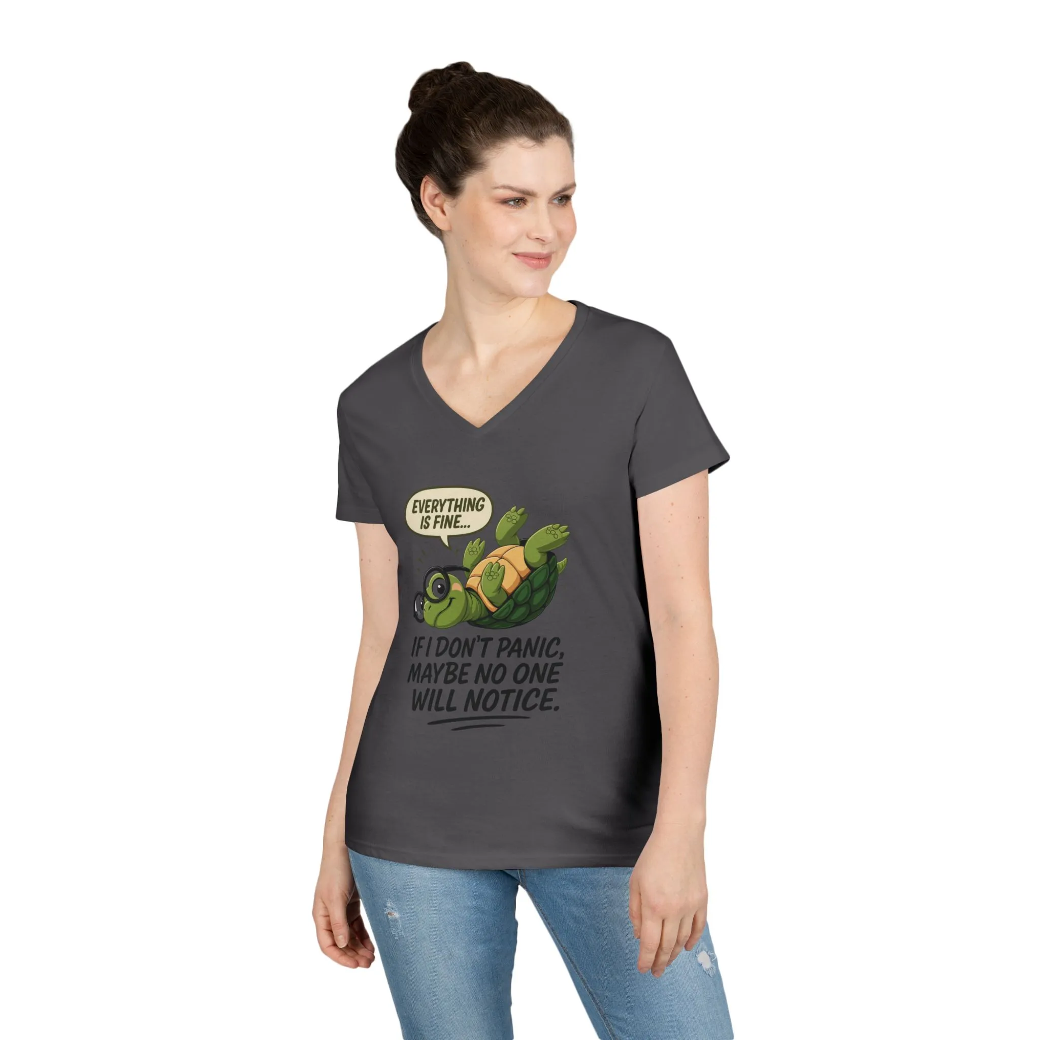 Cute & Comfy Turtle V-Neck T-Shirt, Everything is fine.. design, Gift for Animal Lovers, Casual Wear, Fun Quotes, Positive message tee - Image 15