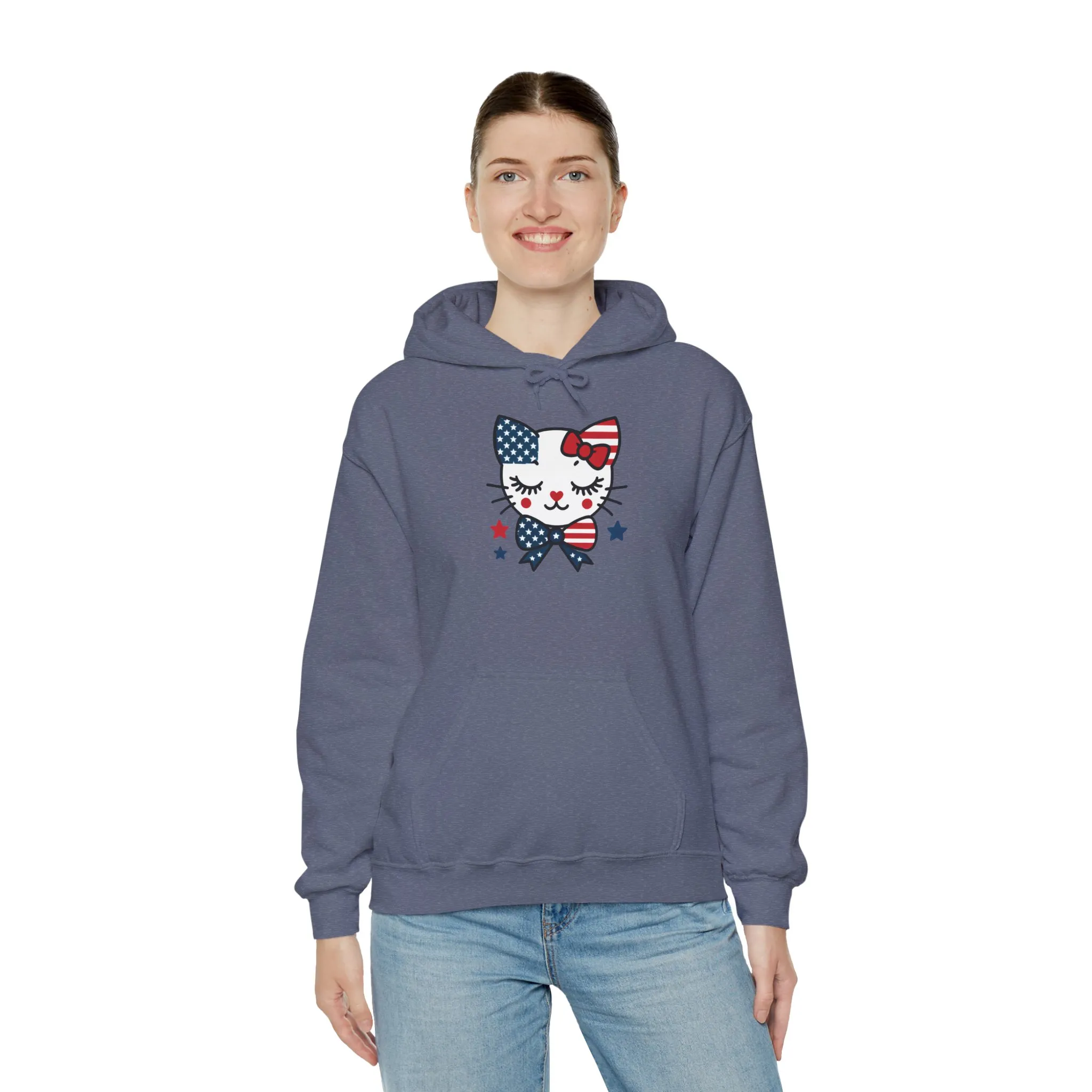 Cute Cat Patriot Womens Hoodie, Womens Heavy Blend Sweatshirt, Gift for Cat Lovers, 4th of July Apparel, Perfect for Independence Day - Image 3