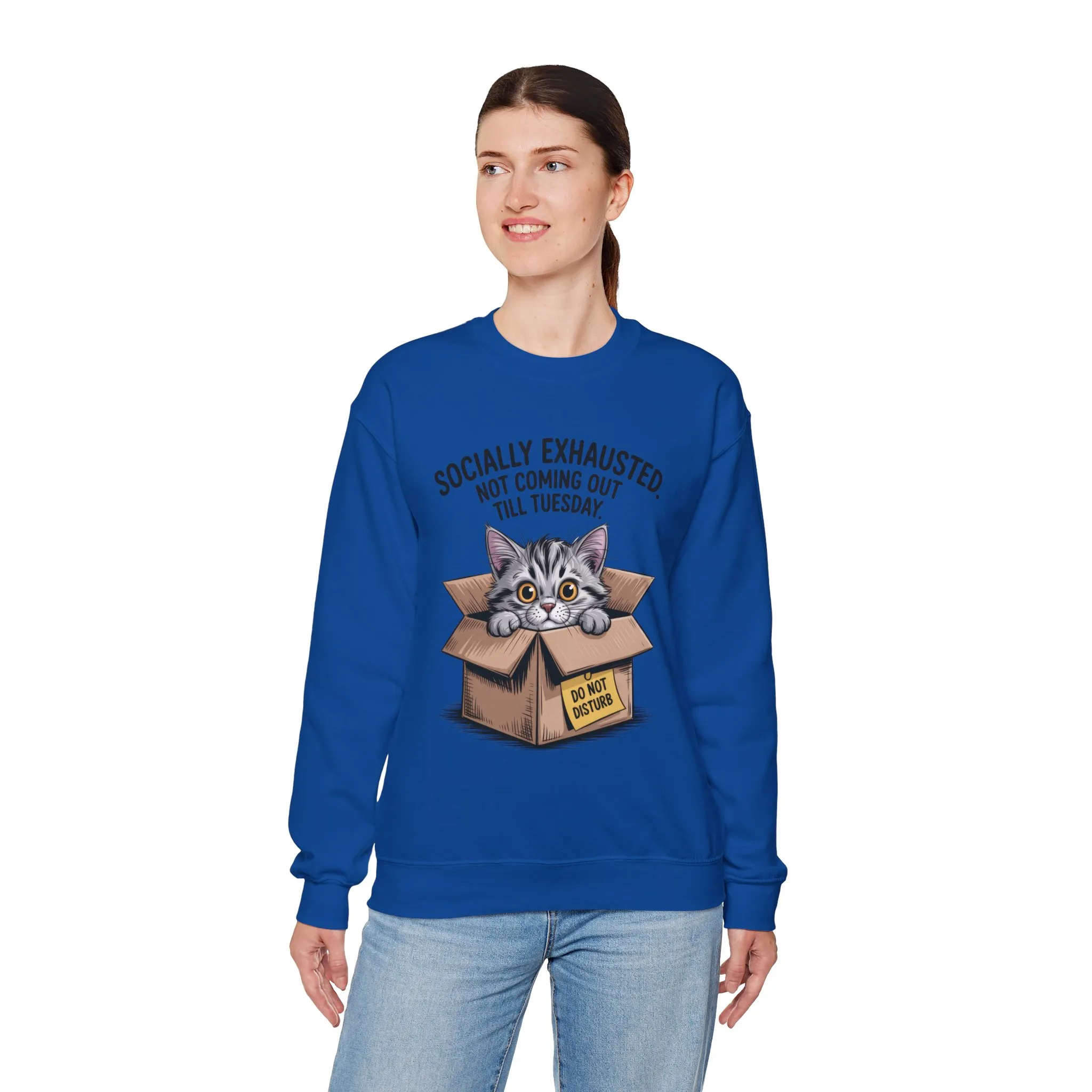 Socially Exhausted Cat Sweatshirt, Funny Cat Crewneck, Gift for Cat Lovers, Cozy Unisex Pullover, Weekend Comfort Apparel - Image 21