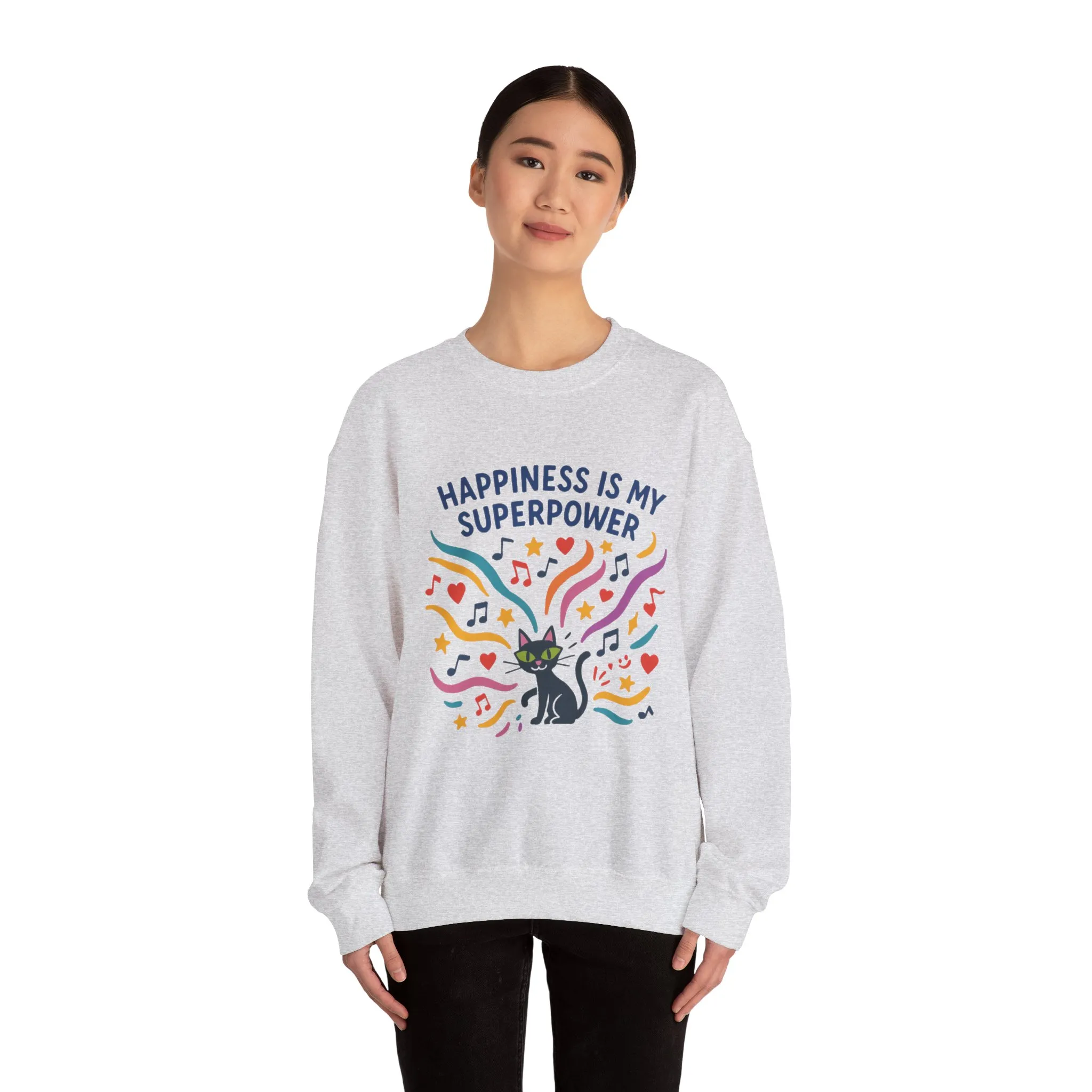 Playful Cat Crewneck Sweatshirt, Happiness is My Superpower, Cozy Sweatshirt, Gift for Cat Lovers, Fun Casual Style, Unique Animal Design - Image 8