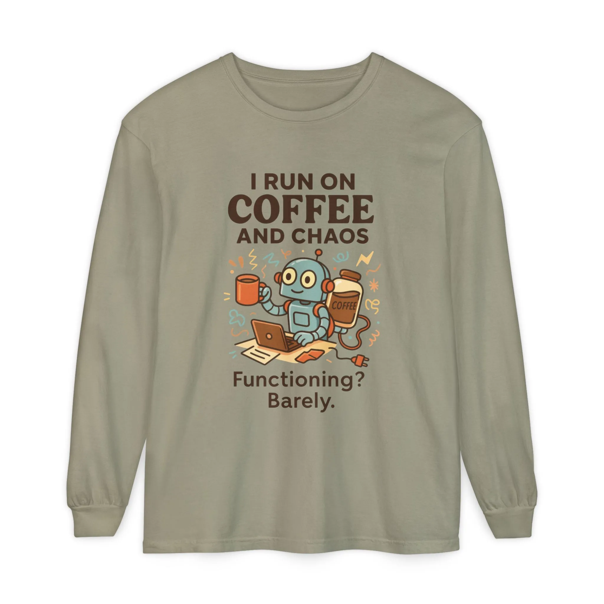 Coffee Chaos Long Sleeve Tee, Funny T-Shirt, Quirky Gift for Coffee Lovers, Unisex Top for Busy Lives, Work from Home Humor Tee - Image 10