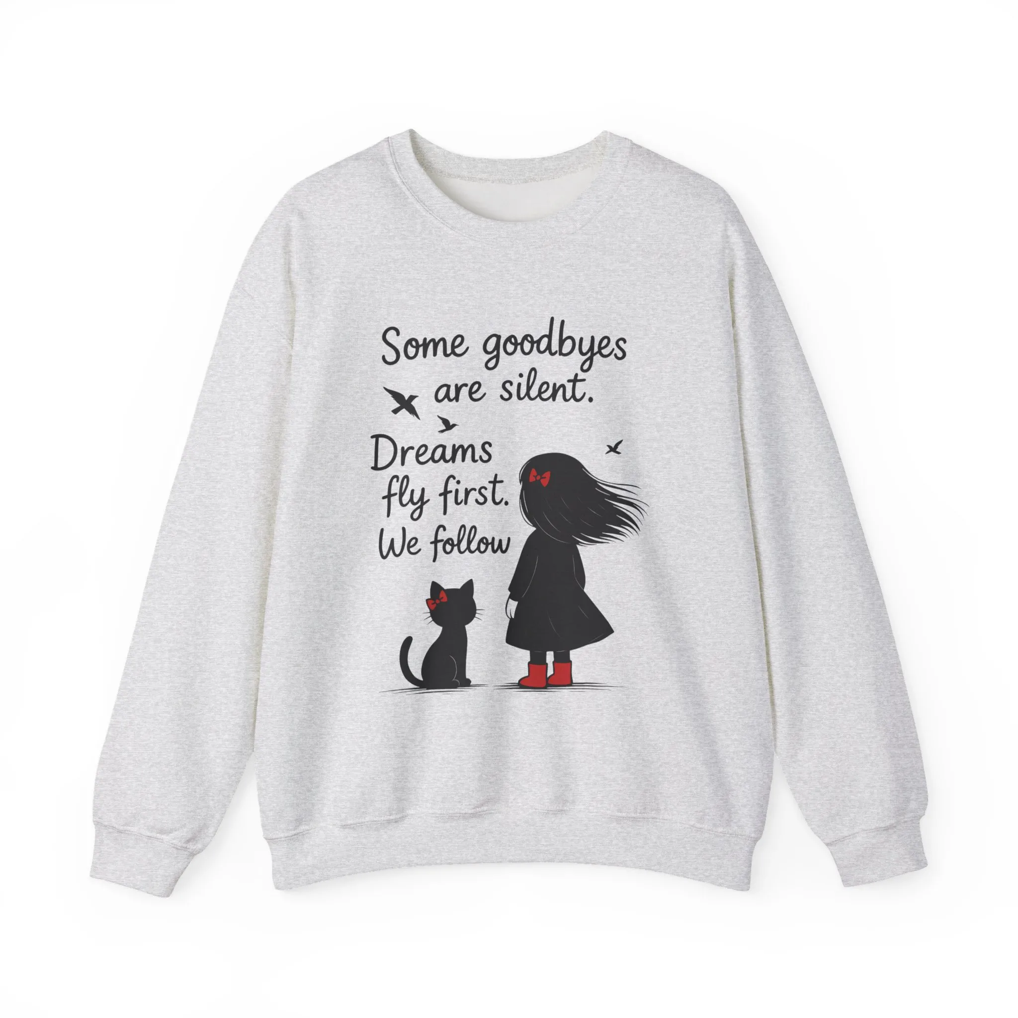 Cozy Farewell Girl & Cat Pullover, Hand Drawn Red Dress Art, Minimalist Womens Crewneck - Image 4