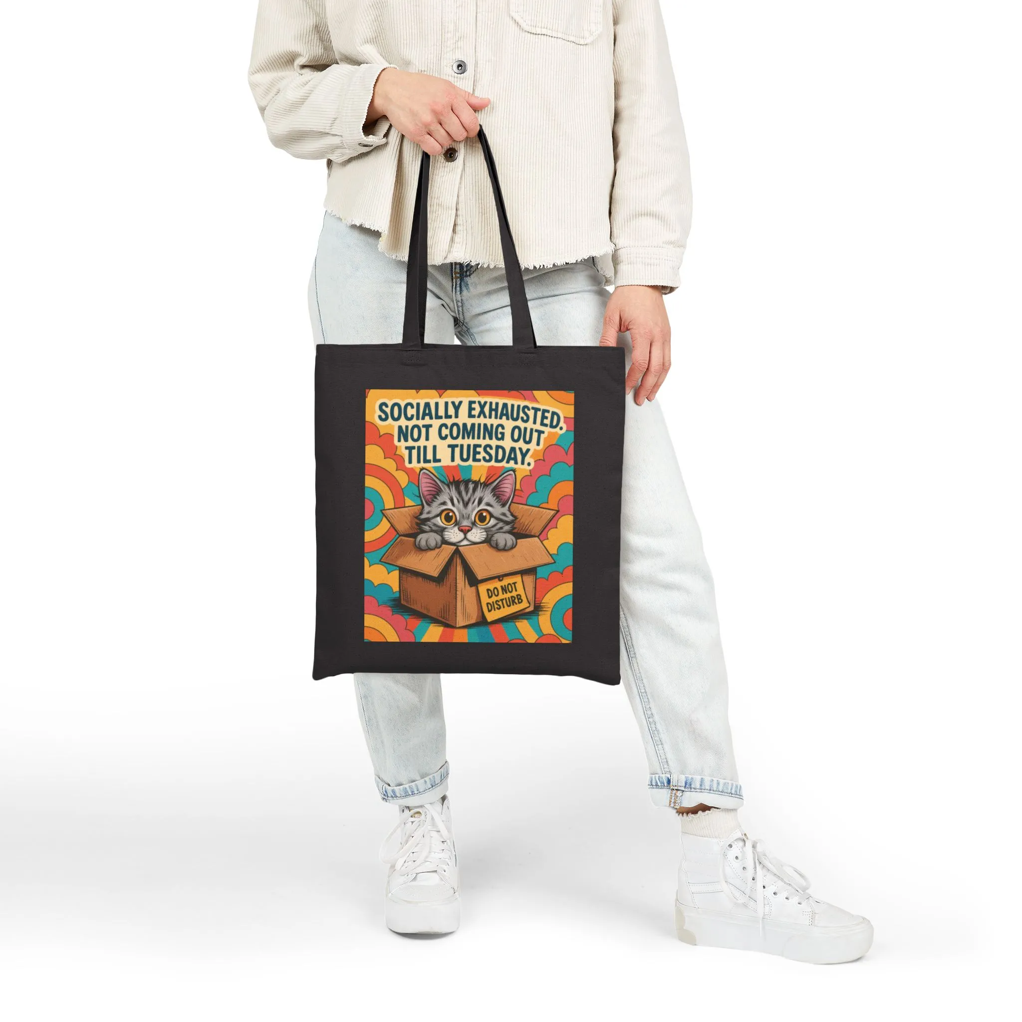 Socially Exhausted Cat Tote Bag, Funny Retro Cat in Box Canvas Bag, Do Not Disturb Comic Bag, Gift for Cat Lovers, Weekend Vibes - Image 4