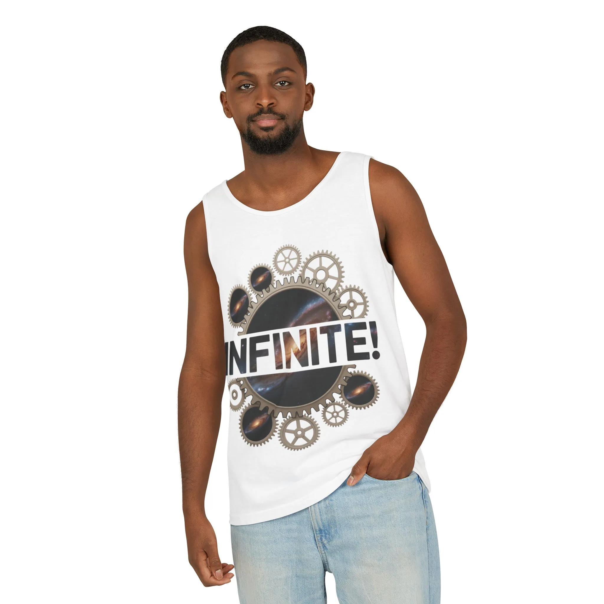 Men's INFINITE! Steampunk Space Gears T-Shirt, Cosmic Mechanical Design Tee for Sci-Fi & Engineering Lovers, Workout Shirt - Image 5