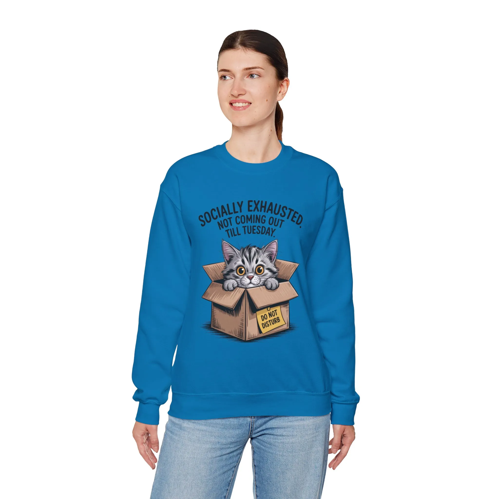 Socially Exhausted Cat Sweatshirt, Funny Cat Crewneck, Gift for Cat Lovers, Cozy Unisex Pullover, Weekend Comfort Apparel - Image 18