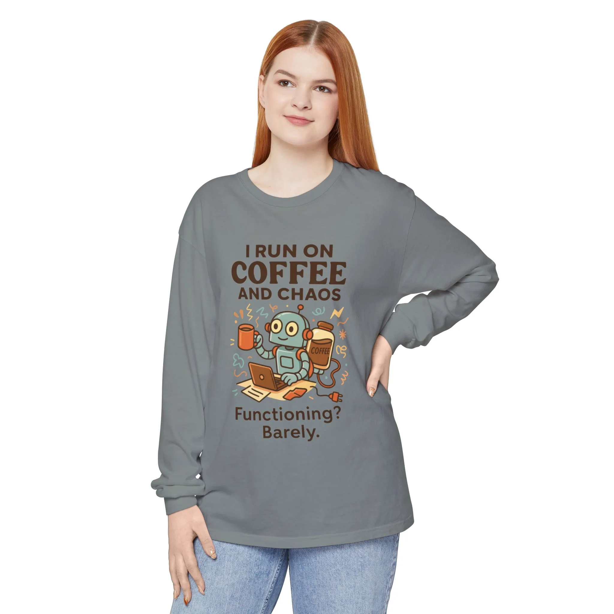 Coffee Chaos Long Sleeve Tee, Funny T-Shirt, Quirky Gift for Coffee Lovers, Unisex Top for Busy Lives, Work from Home Humor Tee - Image 18